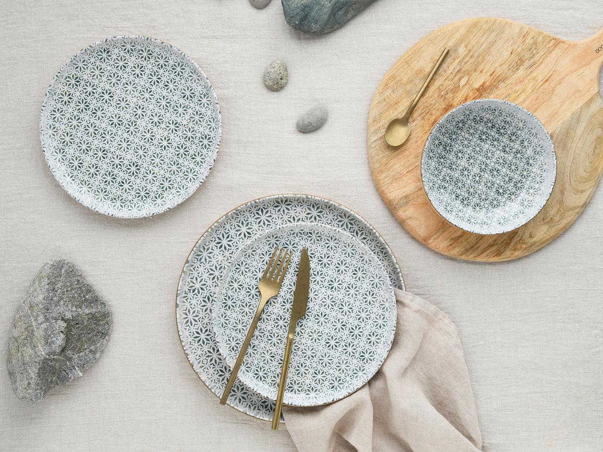 Tafelservice Uno Emiliana 12--Teilig., Creme, Grün - Creme/Grau, Basics, Keramik - Creatable