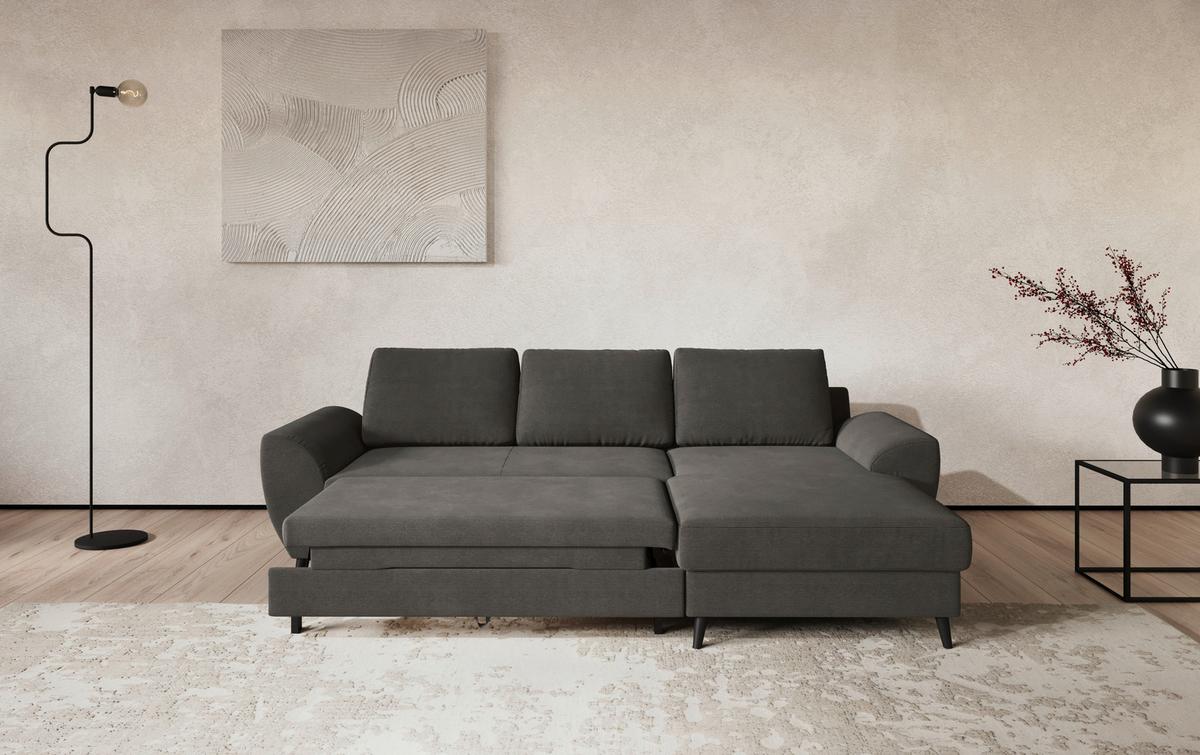 Ecksofa mit Bettfunktion Terra Cord anthrazit, B: 255cm - Anthrazit/Schwarz, Trend, Textil (255/154cm) - MID.YOU