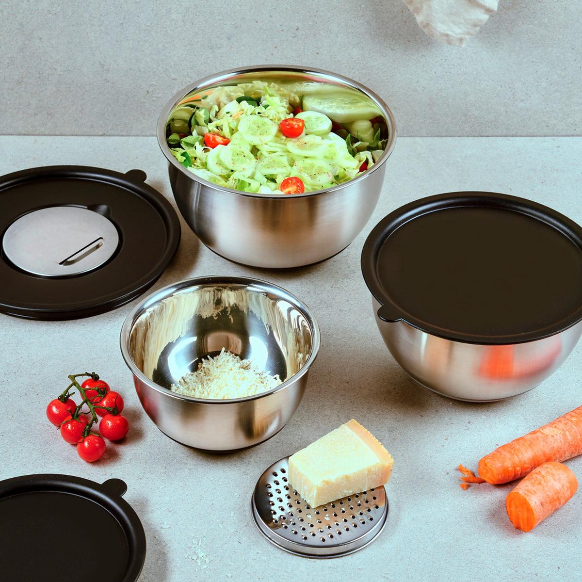 Rührschüsselset Schwarz/Edelstahlfarben 10--Teilig - Edelstahlfarben/Schwarz, Basics, Kunststoff/Metall - Kesper