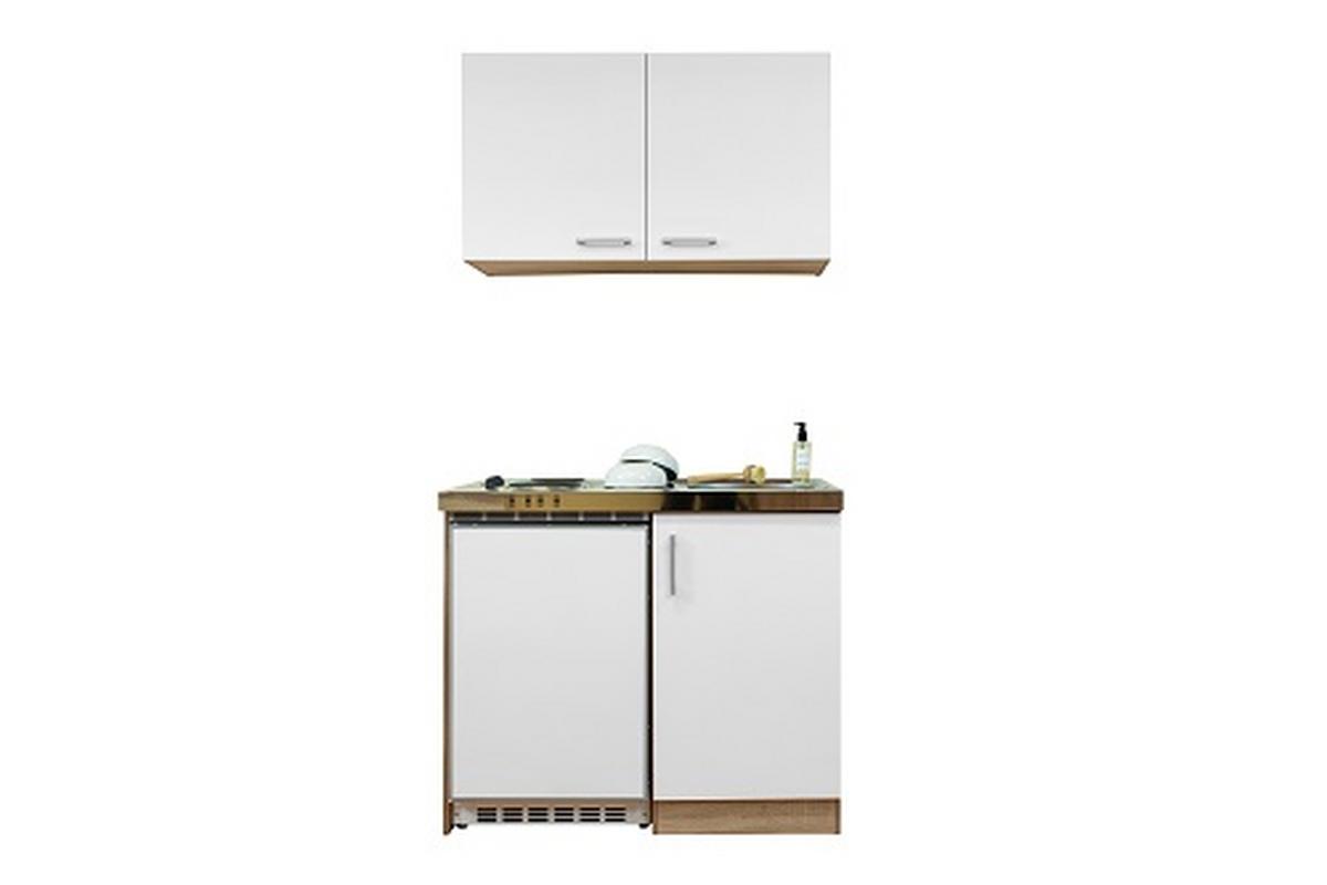 Miniküche M. Kühlschrank + Kochfeld 100 Cm Weiß/eiche - Edelstahlfarben/Eichefarben, MODERN, Holzwerkstoff/Metall (100cm) - Respekta