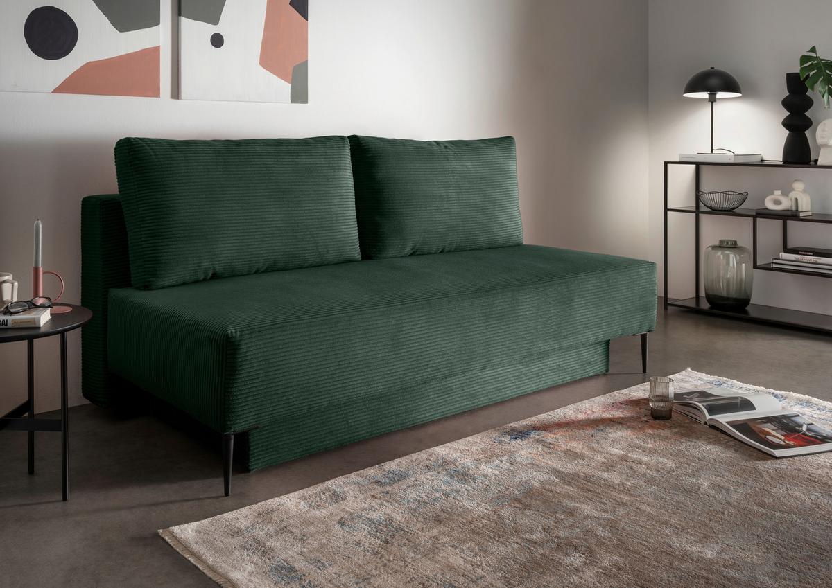 Schlafsofa Petri Dunkelgrün Cord, Rücken Echt B: 198 cm - Dunkelgrün/Schwarz, MODERN, Textil (198/90/100cm) - Livetastic