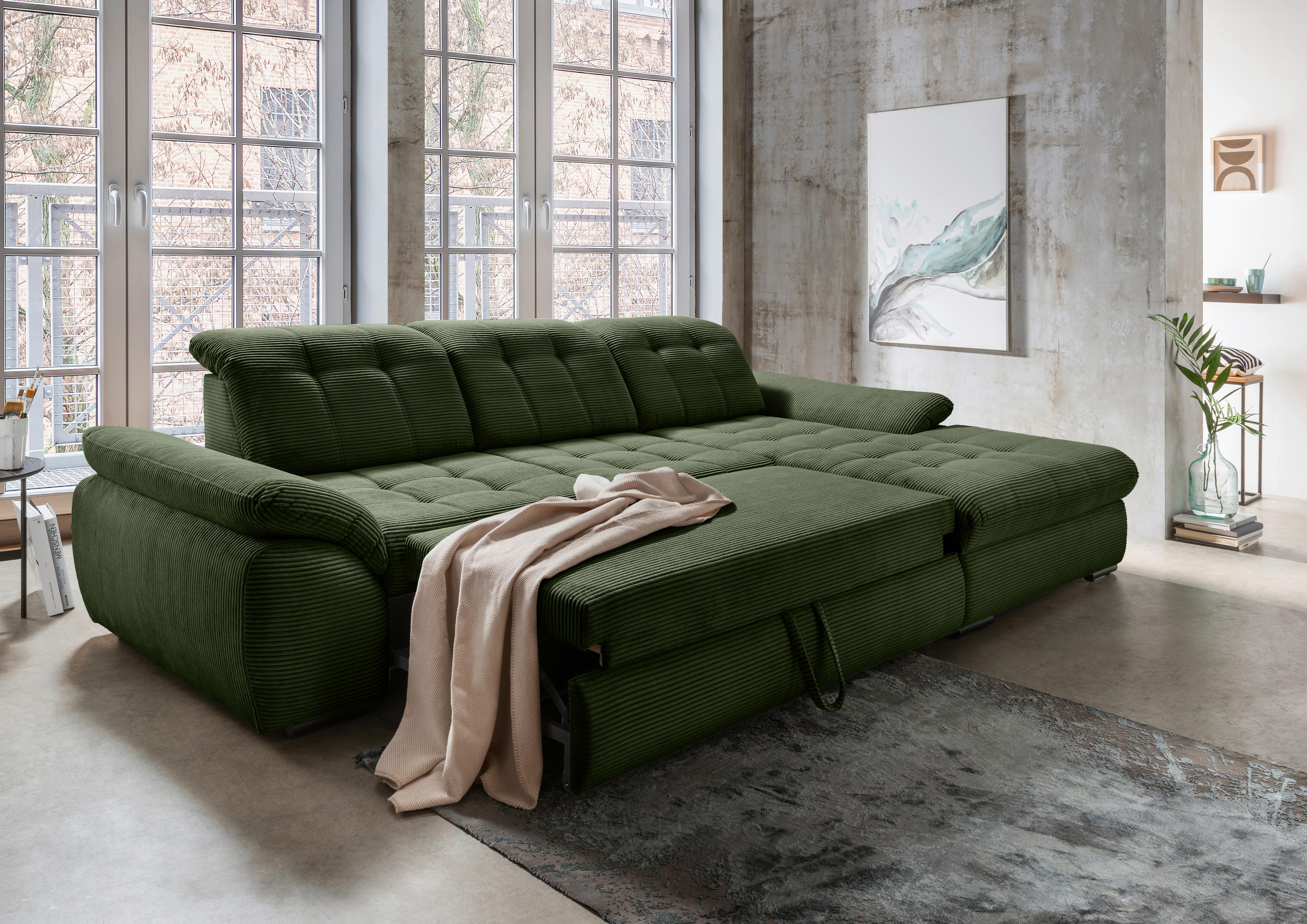 Ecksofa mit Bettkasten Rigatti Dunkelgrün 314x184cm - Dunkelgrün/Schwarz, MODERN, Textil (314/184cm) - Livetastic