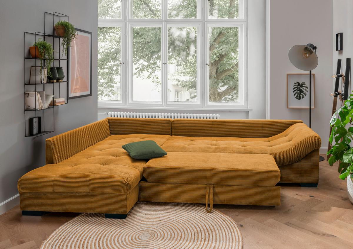 Rohová sedačka ALVITO, levá, koňakový manšestr - černá/tmavě zelená, Design, dřevo/textil (202/298cm) - MID.YOU