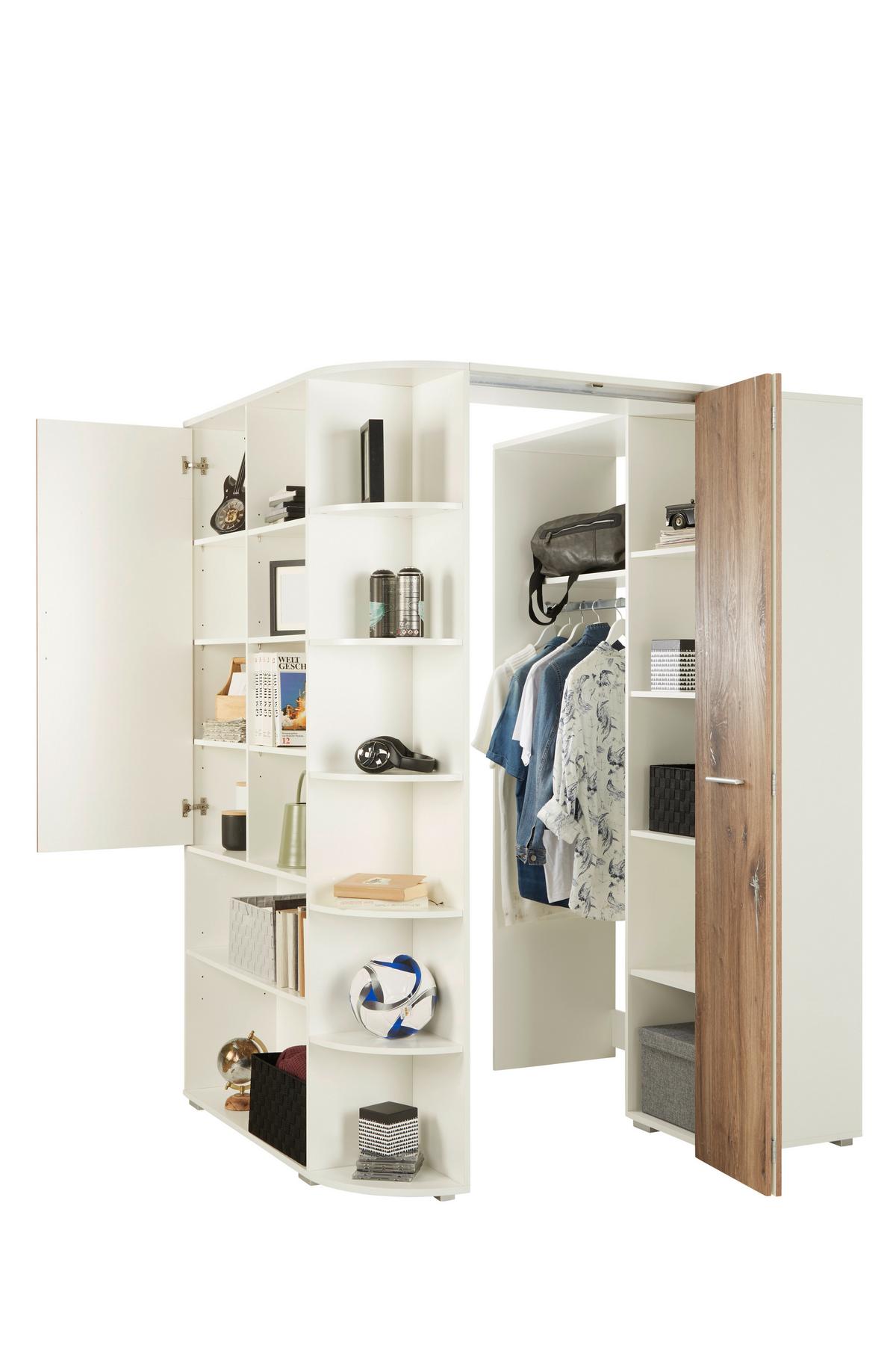 Rohová skříň YOUNG dekor bílá/dub Flagstaff - bílá/barvy dubu, Konvenční, kompozitní dřevo/plast (124/198/148cm)