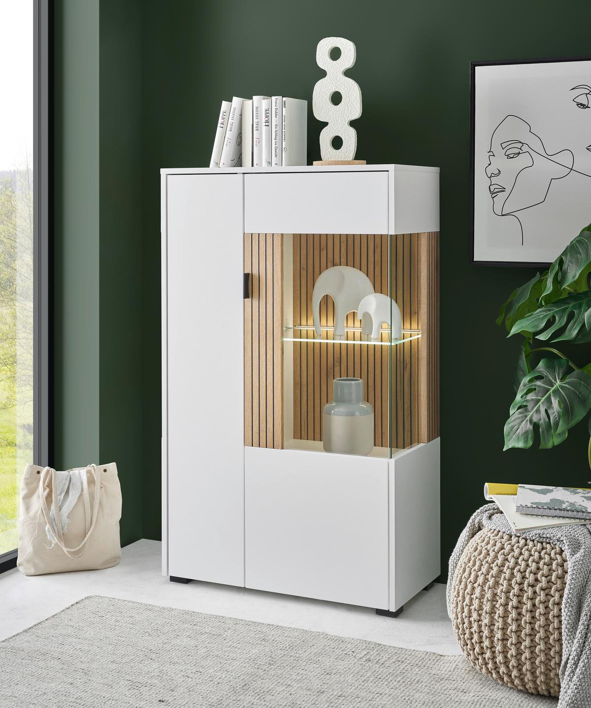 Vitrine Hudson Weiß/Eichefarben B: 75 cm - Eichefarben/Schwarz, Design, Glas/Holzwerkstoff (75/125/38cm) - MID.YOU