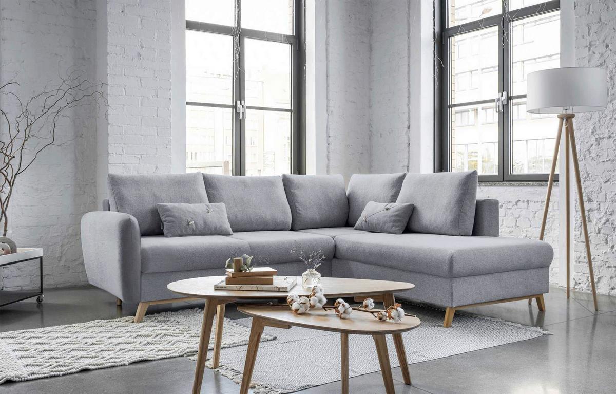 Sedačka LUCILE L, pravá, sv.sivá, úl.priestor a lôžko - prírodná farba/svetlosivá, drevo/textil (242/202cm) - MID.YOU