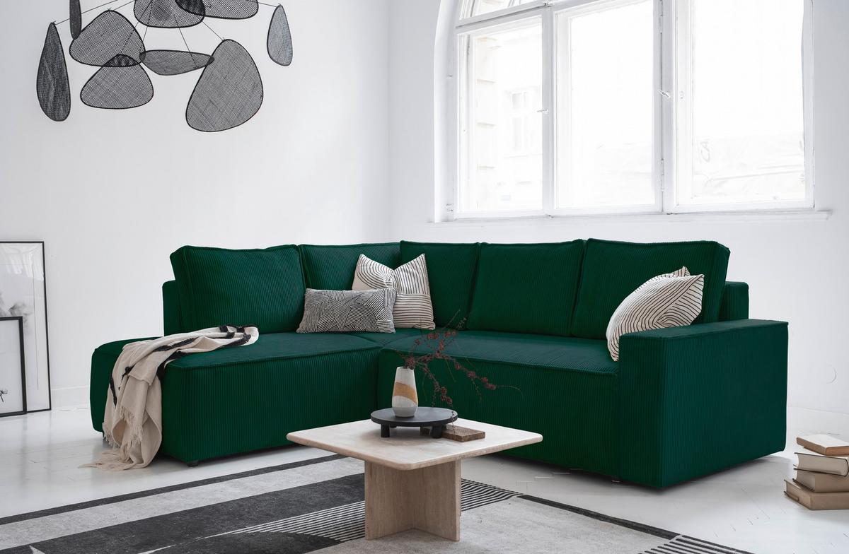 Sedačka OLIVER, levá, tmavě zelená barva - černá/tmavě zelená, Design, textil/plast (194/247cm) - MID.YOU