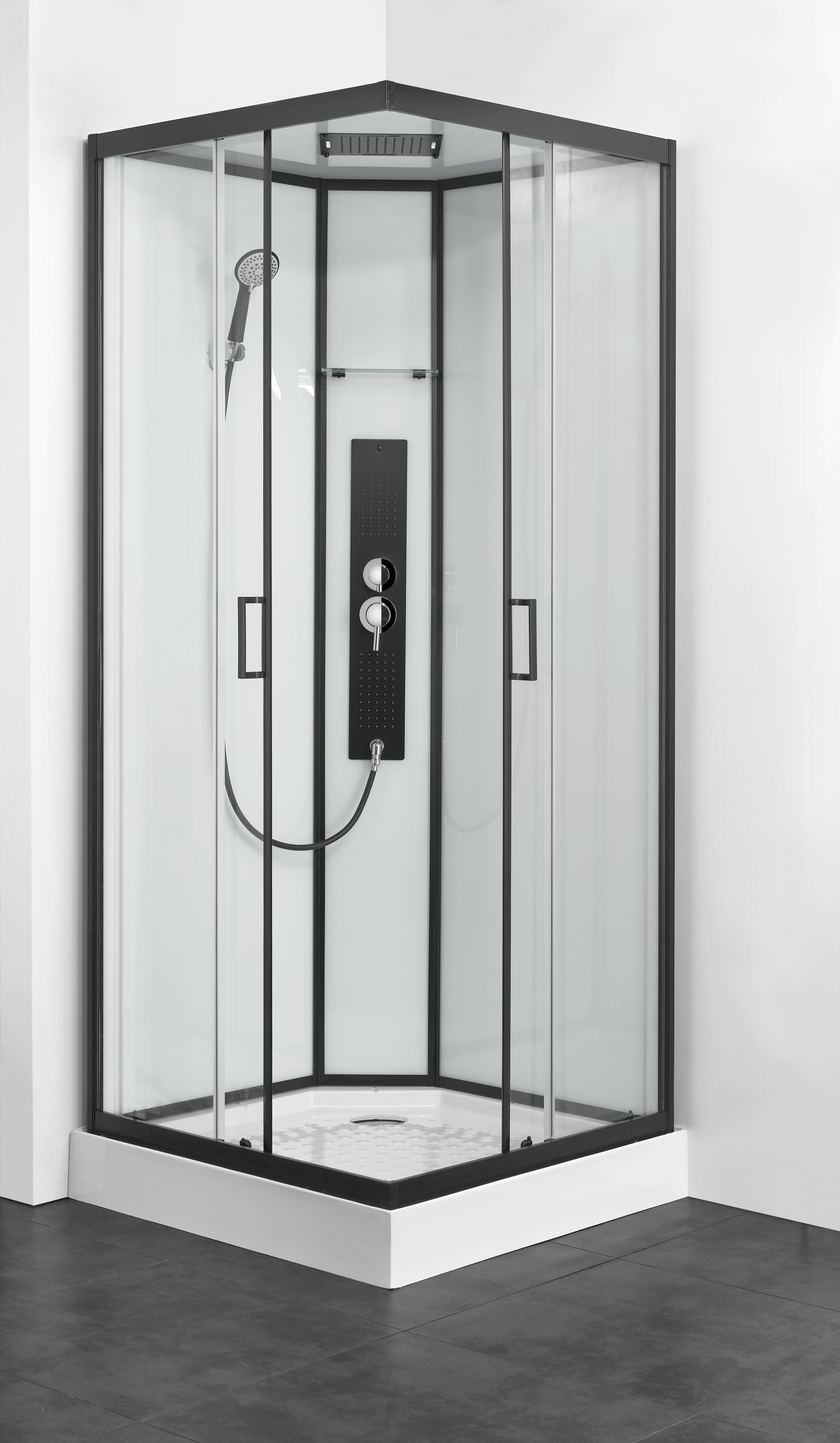 Sprchový kout s LED, Bluetooth, radiem, černá - černá/průhledné, Moderní, sklo (90/90/225cm) - Sanotechnik