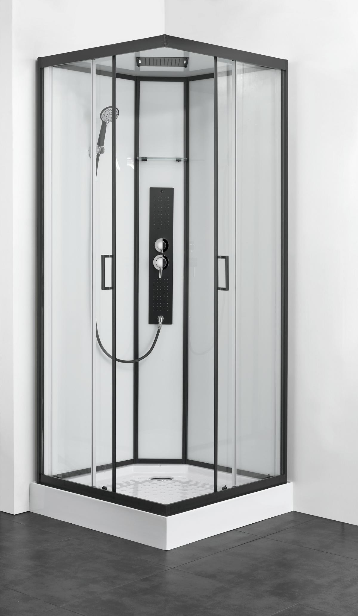 Sprchový kút s LED, Bluetooth, rádiom, čierna - priehľadné/čierna, Modern, sklo (90/90/225cm) - Sanotechnik