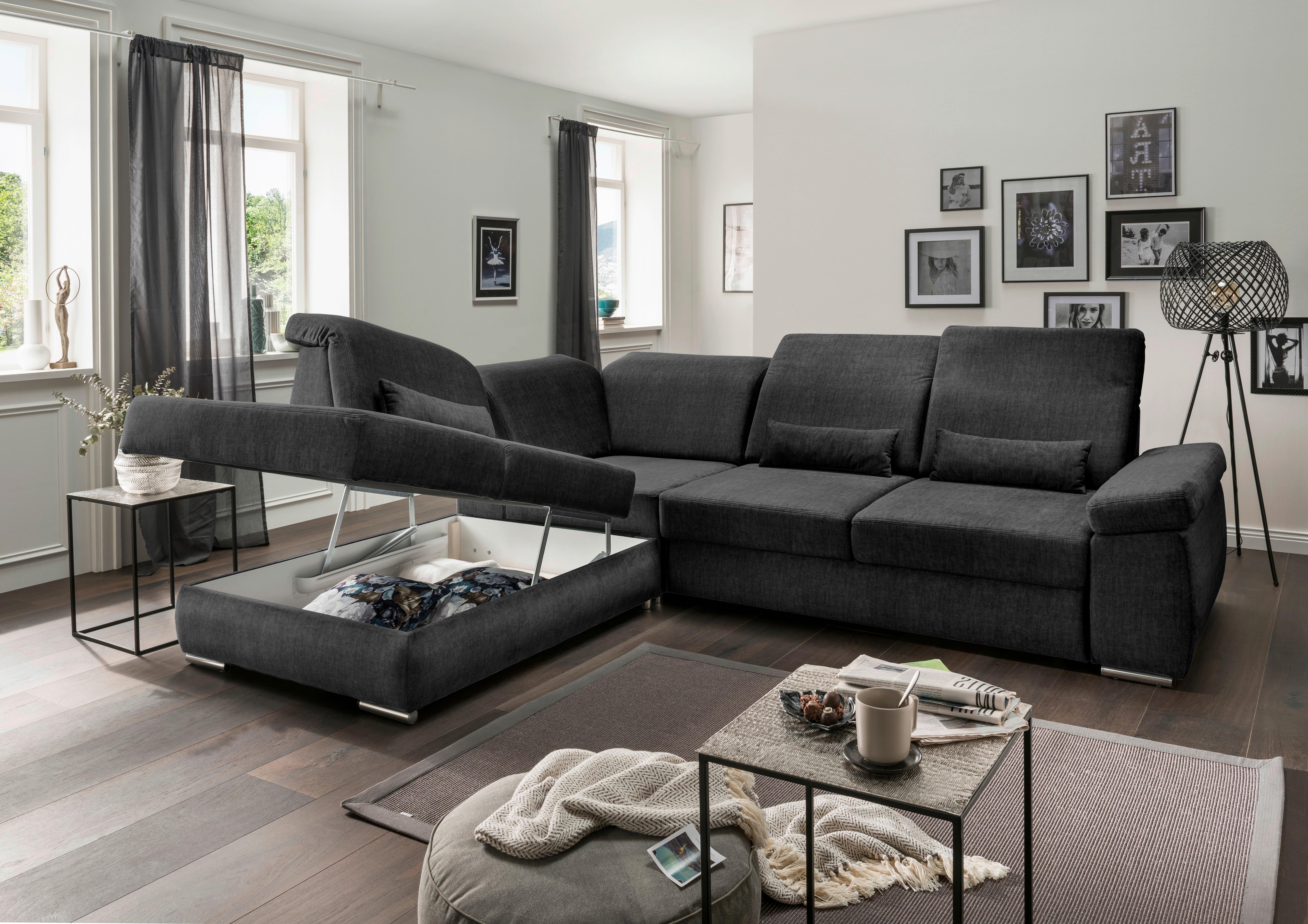 Ecksofa Milian Anthrazit S: 250/297 cm - Chromfarben/Anthrazit, MODERN, Holz/Textil (250/297cm) - Livetastic