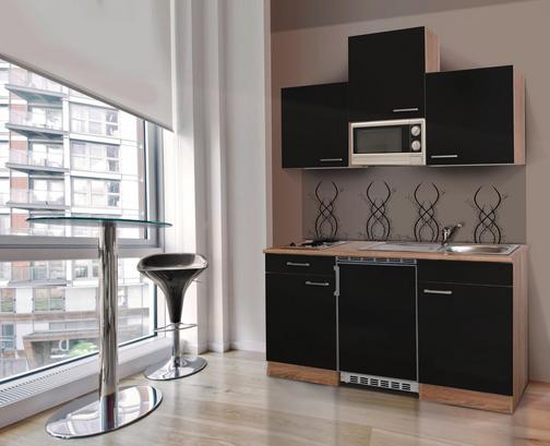 Praktische Miniküche mit schwarzen Fronten und Korpus in Eiche Dekor Praktische Miniküche mit schwarzen Fronten und Korpus in Eiche Dekor