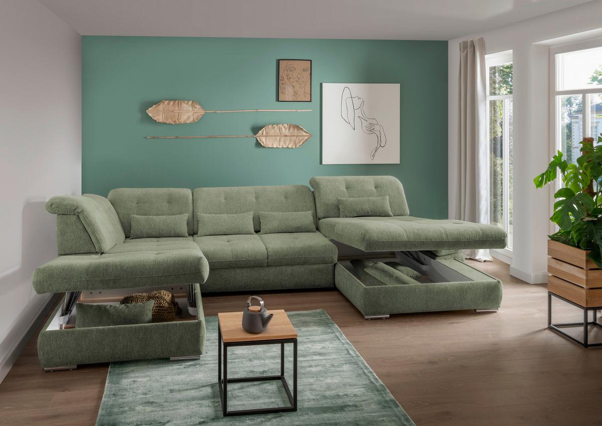 Wohnlandschaft Dalida Mit Schlaffunktion Grün - Chromfarben/Grün, Design, Textil (254/376/195cm) - Livetastic