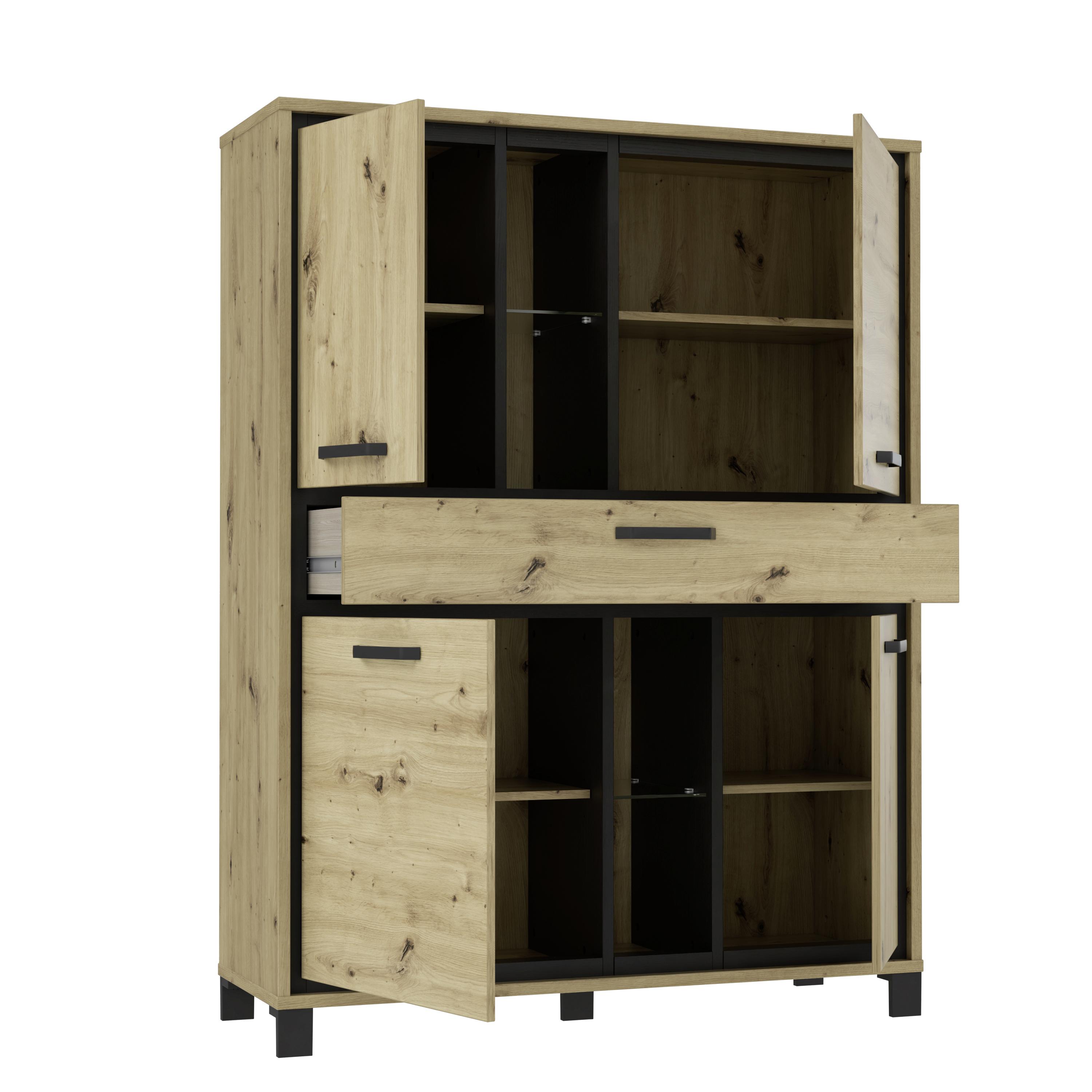 Highboard B: 120,4cm Trondheim Artisan Eiche Dekor/ Schwarz - Eichefarben/Schwarz, Basics, Glas/Holzwerkstoff (120,4/161/41,5cm) - Livetastic
