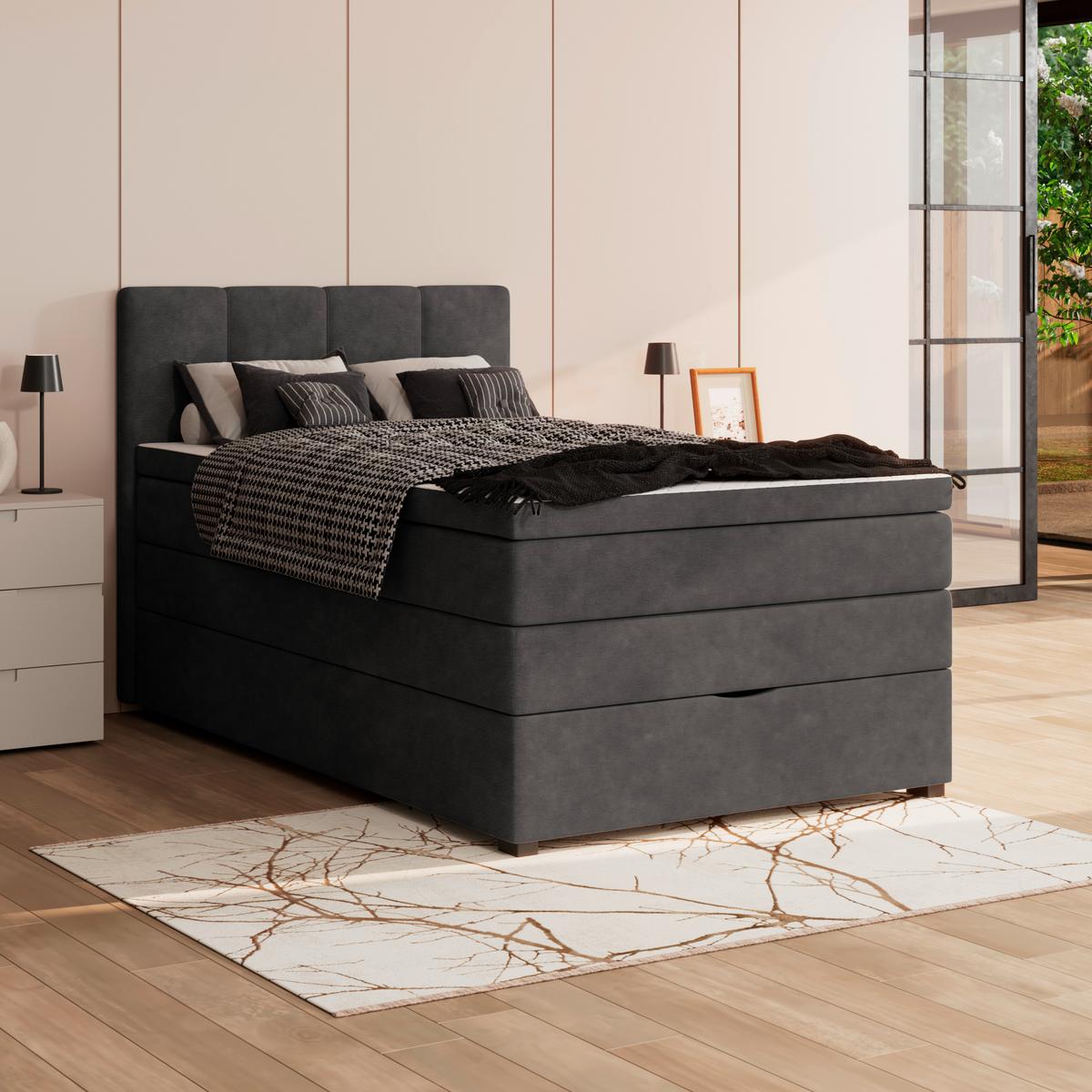 Boxspringbett mit Topper & Bettkasten 120x200 Lauro - Anthrazit/Schwarz, Trend, Textil (120/200cm)
