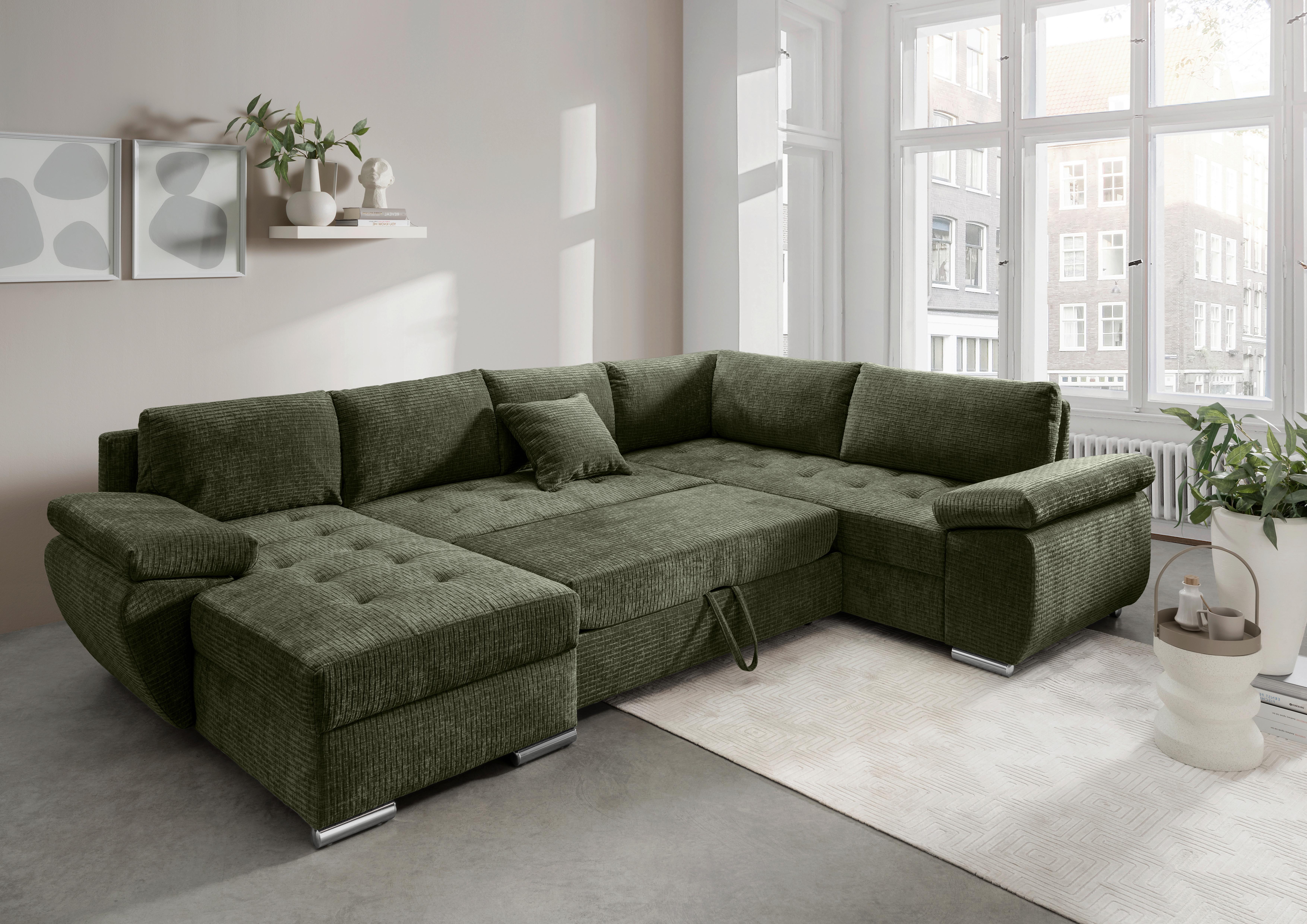 Wohnlandschaft Terana Olivgrün mit Schlaffunktion, Mikrofaser - Chromfarben/Olivgrün, KONVENTIONELL, Textil (157/305/219cm) - Livetastic