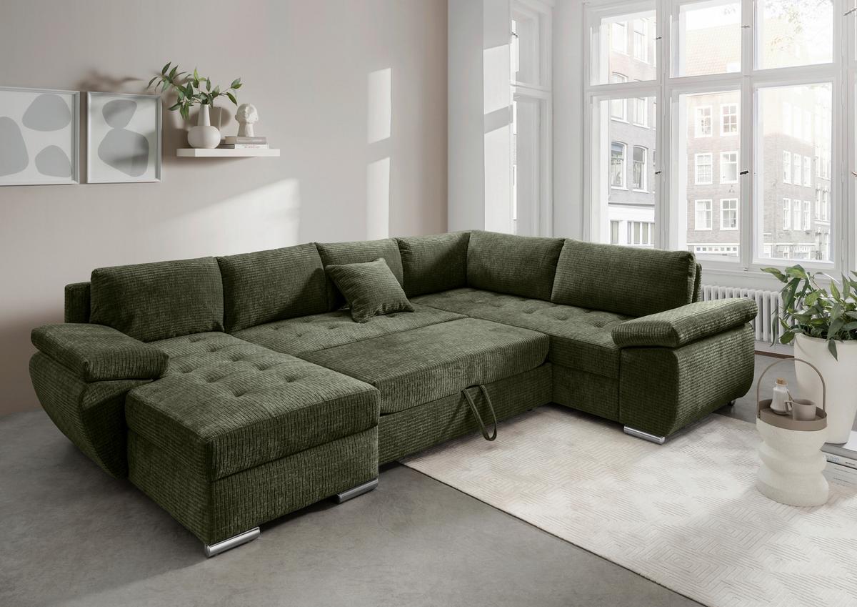 Wohnlandschaft Terana Olivgrün Mit Schlaffunktion, Mikrofaser - Chromfarben/Olivgrün, KONVENTIONELL, Textil (157/305/219cm) - Livetastic