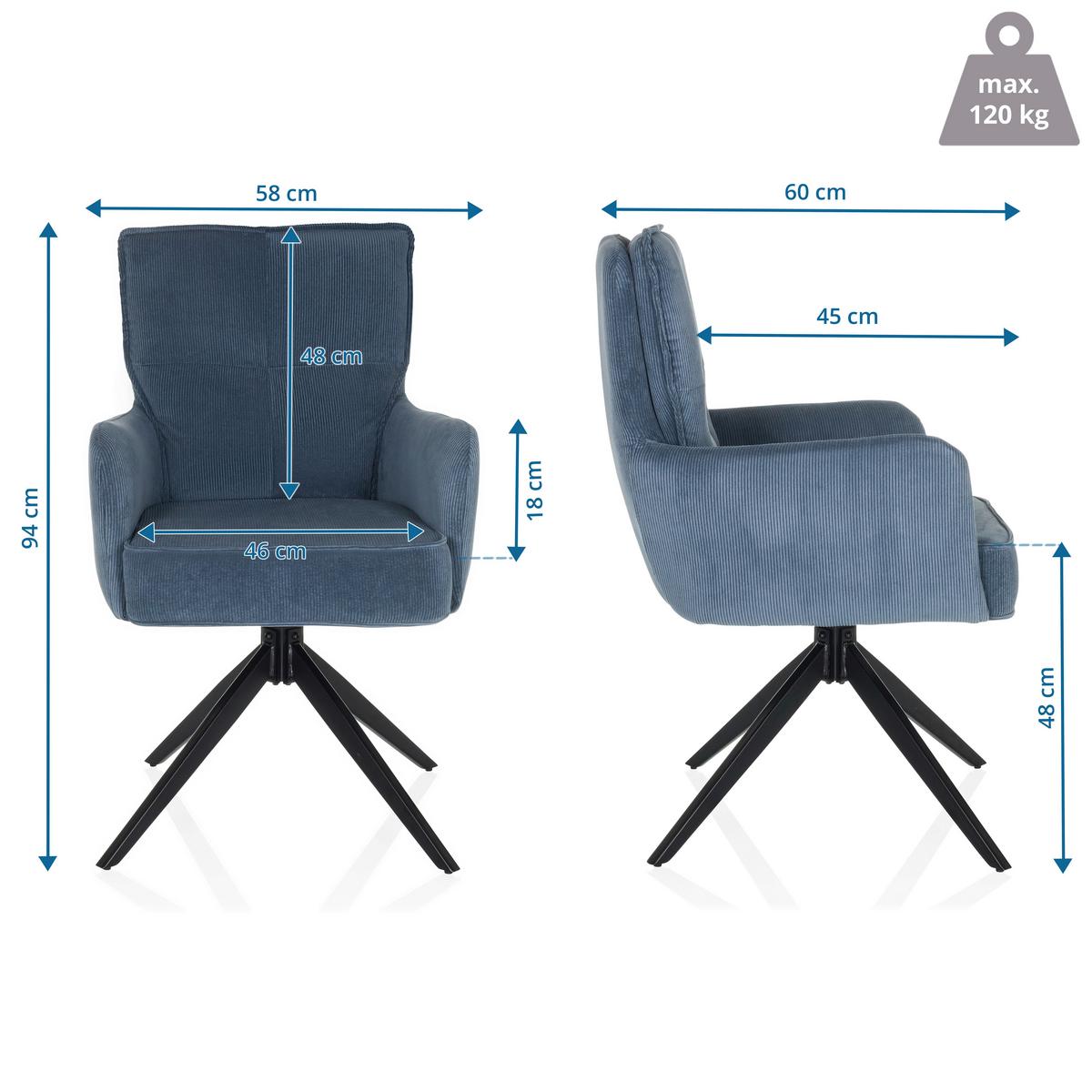 Armlehnstuhl Tarugo Blau B: 58 Cm - Blau/Schwarz, MODERN, Textil/Metall (58/94/60cm) - MID.YOU