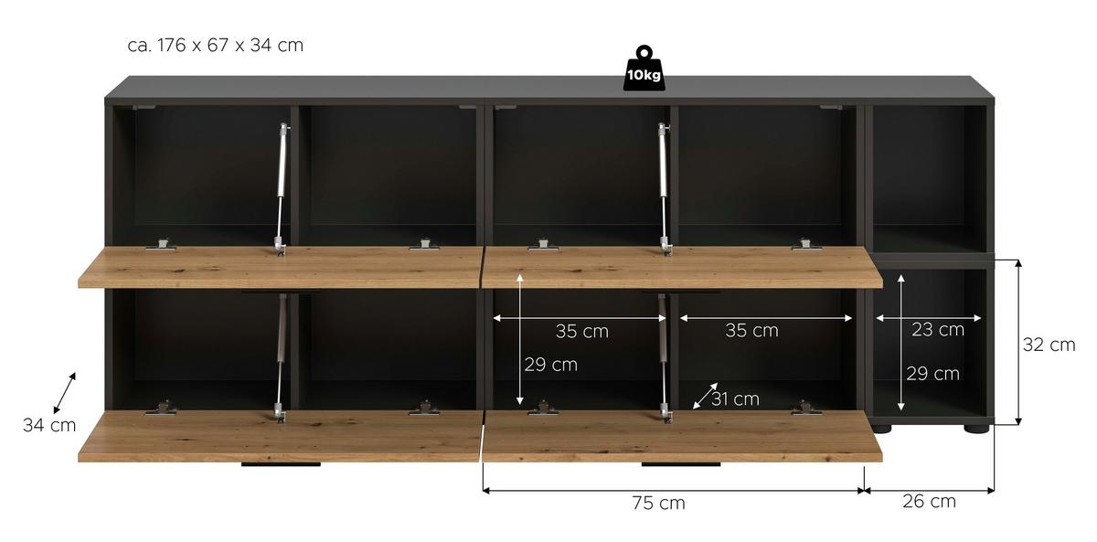 Wohnwand, The One 6, B: 176 cm Artisan Eiche Dekor/Grau - Schwarz/Eiche Artisan, Trend, Holzwerkstoff (176/67/34cm)