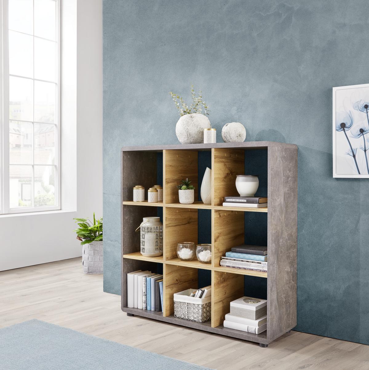 Regal Fontana B 108,8cm, Betonoptik Dunkel - Eichefarben/Dunkelgrau, MODERN, Holzwerkstoff (108,8/110,2/35cm)