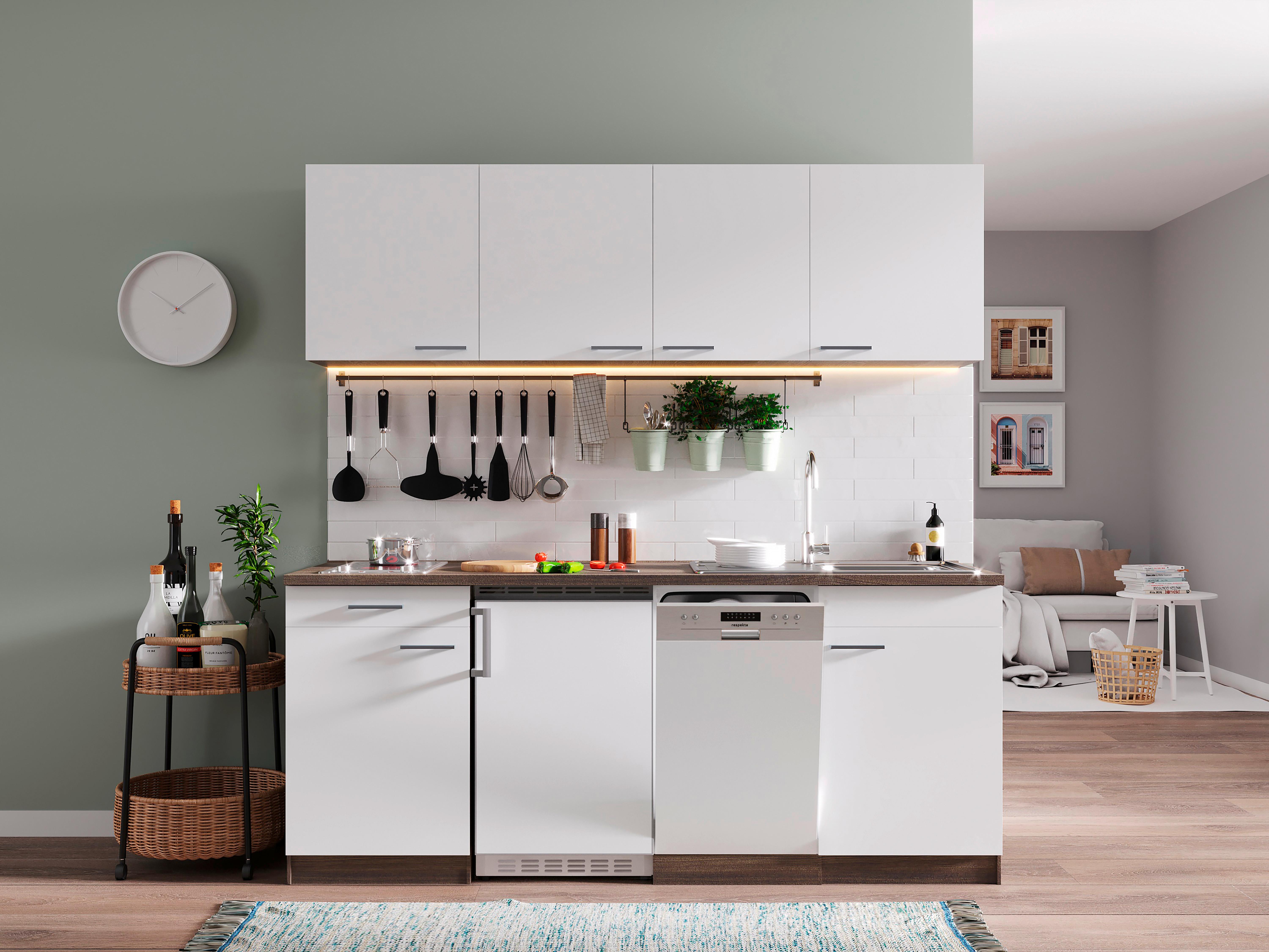 Küchenzeile Economy m. Geräten 195 cm Weiß/Eiche Dekor modern - Eichefarben/Weiß, Basics, Holzwerkstoff (195cm) - Respekta