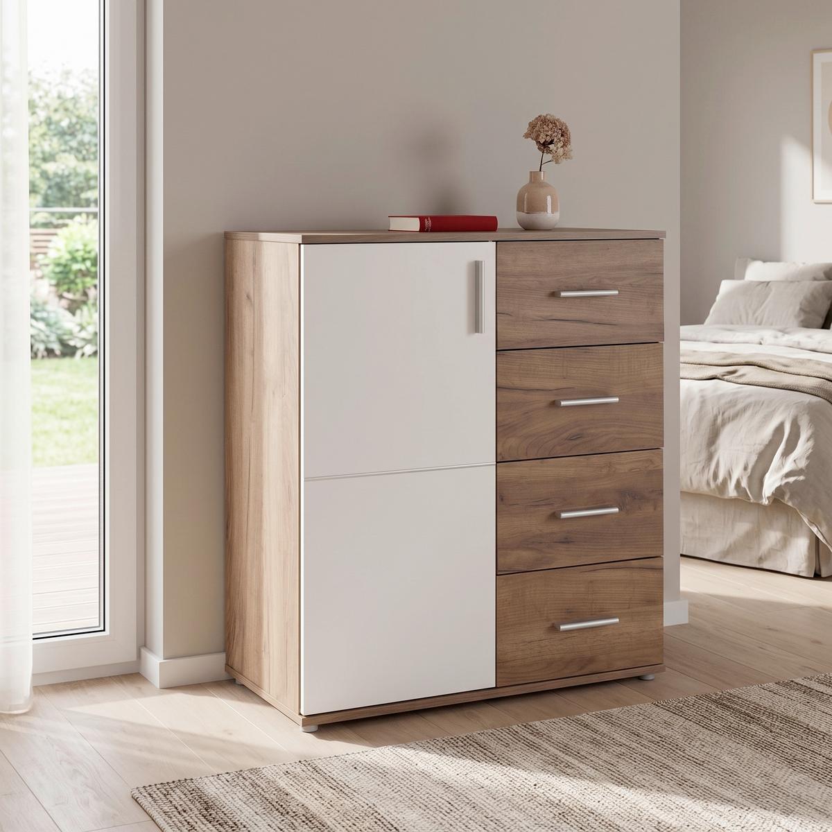 Kommode B 88,2cm Ina 02, Kraft Eiche Dekor/Weiß - Eichefarben/Weiß, MODERN, Holzwerkstoff (88,2/95,2/38,3cm)