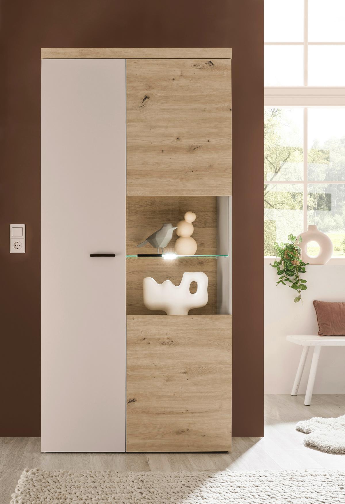 Vitrine Strada Giga *ph* Eiche Artisan/Kashmir, B: 91cm - Kaschmir/Schwarz, Trend, Glas/Holzwerkstoff (91/193/32cm)