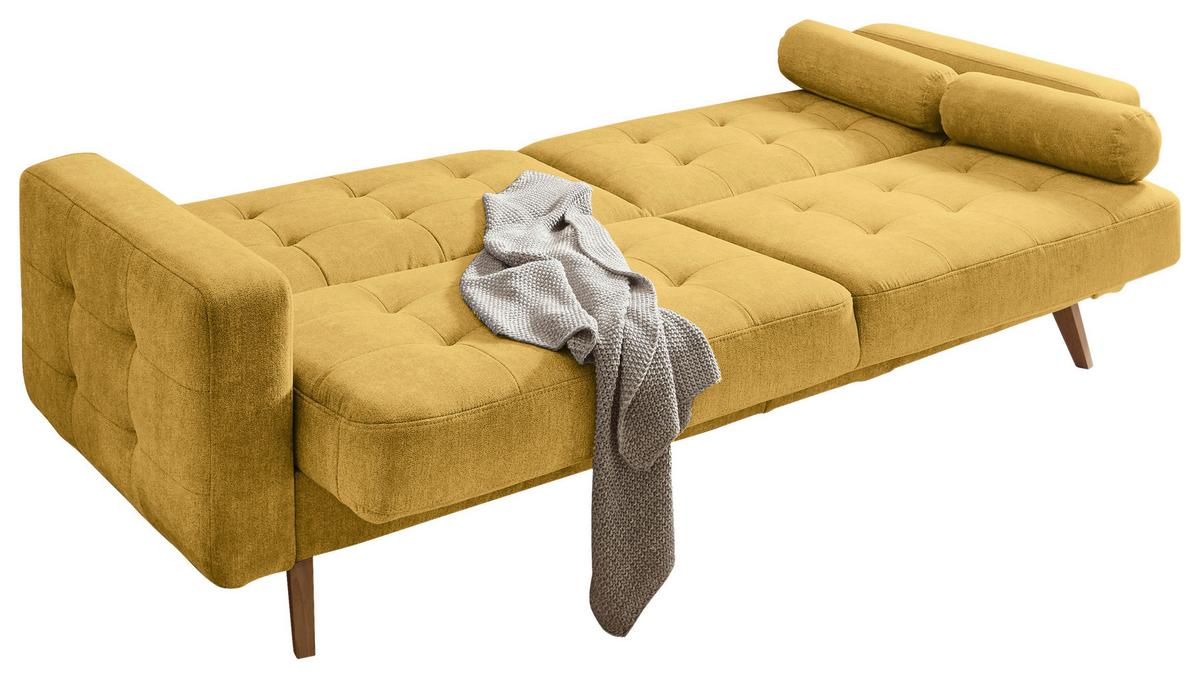 Schlafsofa mit Bettkasten und Kissen Fjord, Webstoff - Eichefarben/Gelb, MODERN, Holzwerkstoff/Textil (222/86/90cm) - MID.YOU