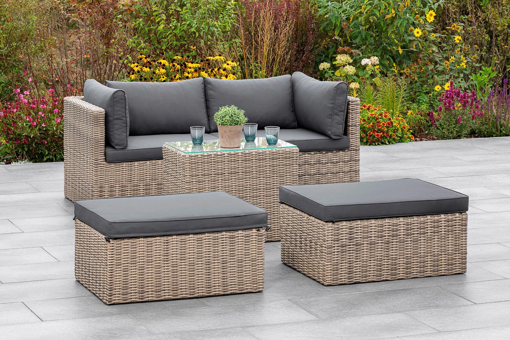 Loungegarnitur 4-tlg. Licosa Metall/kunststoff/glas/textil - Dunkelgrau/Grau, KONVENTIONELL, Glas/Kunststoff (88/65/68cm) - Gardenson