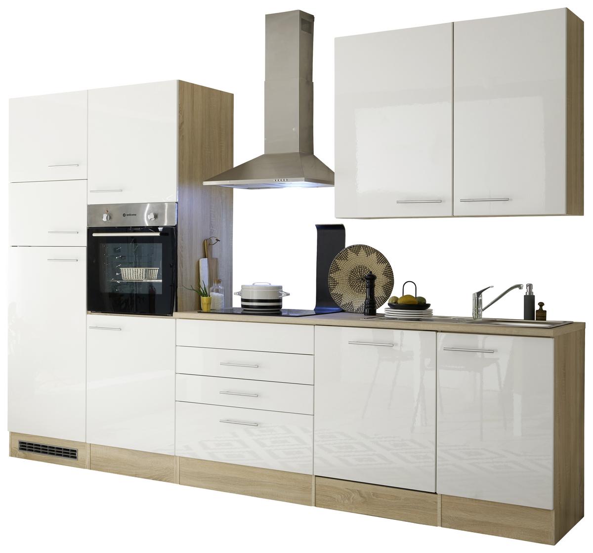 Küchenzeile Laurel mit Geräten 310 cm Weiß/Eiche Dekor - Weiß/Sonoma Eiche, MODERN, Holzwerkstoff (310cm) - MID.YOU