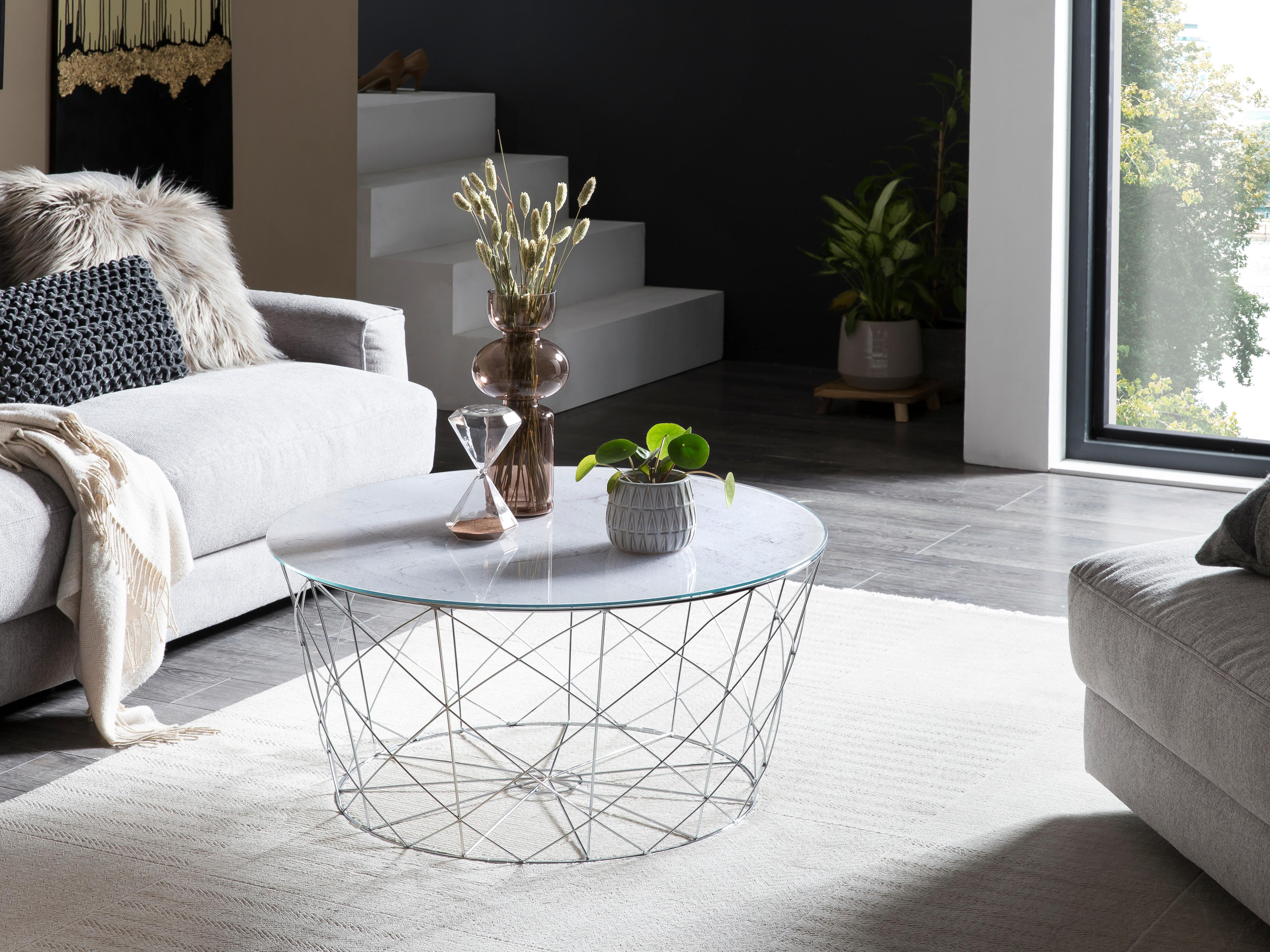 Couchtisch Weiß, Chromfarben L: 80 cm - Chromfarben/Weiß, Design, Glas/Metall (80/80/45cm) - Livetastic