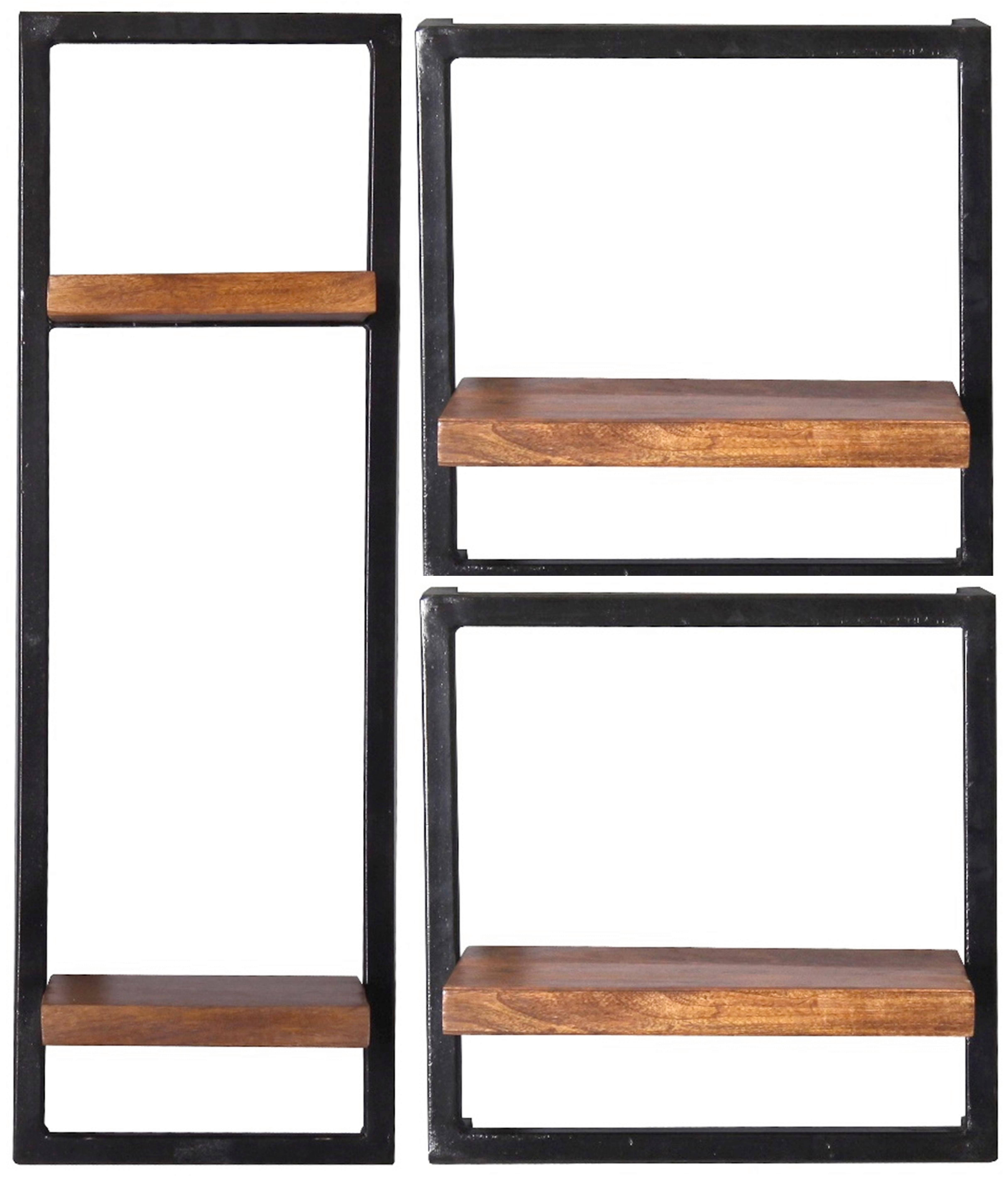 Wandregalset 3-tlg Mangoholz B: 65cm - Schwarz/Naturfarben, Design, Holz/Metall (65/75/25cm) - MID.YOU