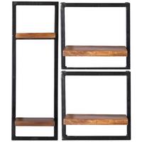Wandregalset 3-tlg Mangoholz B: 65cm - Schwarz/Naturfarben, Design, Holz/Metall (65/75/25cm) - MID.YOU