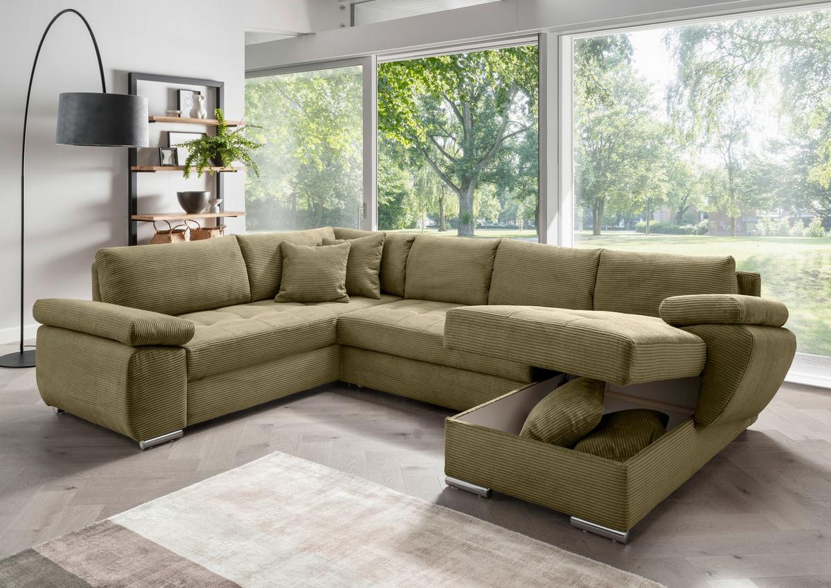Wohnlandschaft Terana mit Schlaffunktion, Olivgrün - Chromfarben/Olivgrün, KONVENTIONELL, Textil (219/305/157cm) - Livetastic