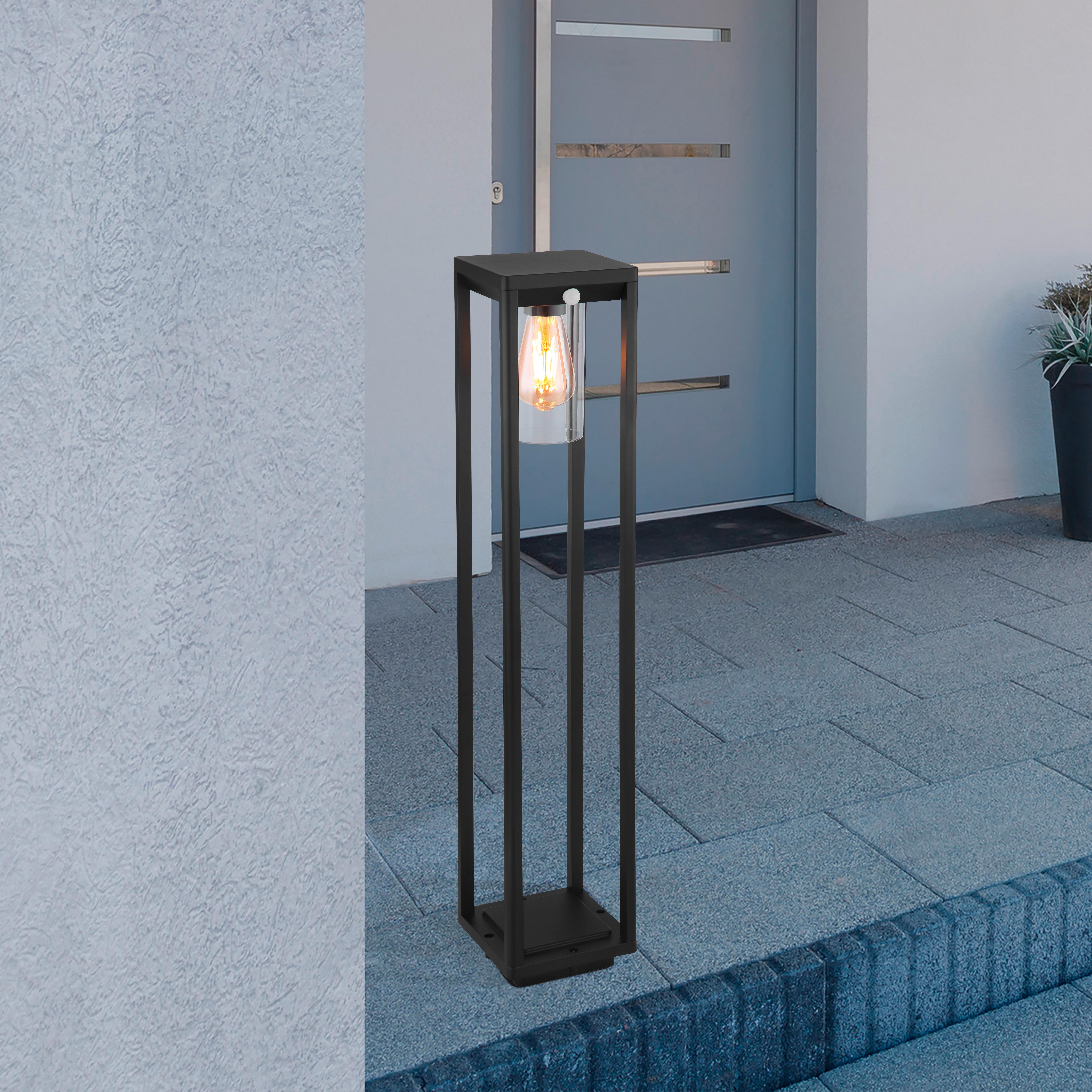 Außenleuchte + Bewegungsmelder Candela 15 Watt Aluminium - Klar/Schwarz, Basics, Kunststoff/Metall (15,5/15/80cm) - Globo