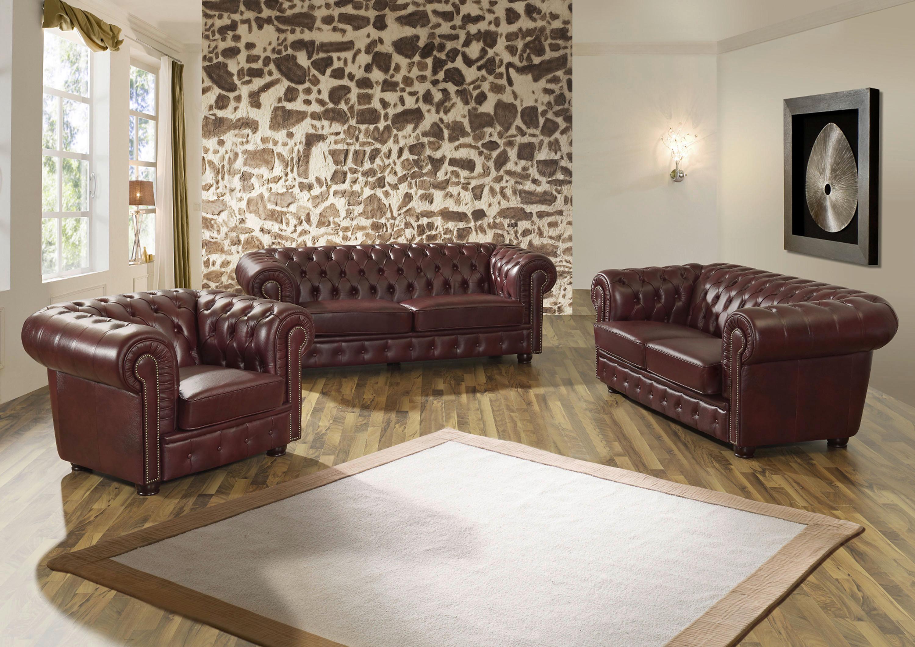 Chesterfield-sofa Norwin Rot 2-Sitzer, Echtleder - Rot/Nussbaumfarben, KONVENTIONELL, Leder (174/74/98cm) - Max Winzer