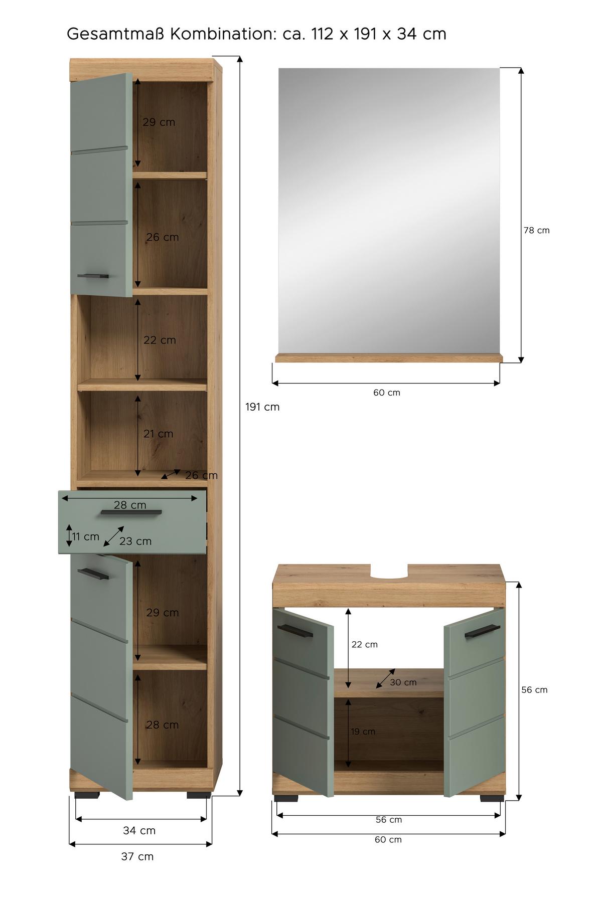 Badezimmer Scout Eiche Dekor/Salbeigrün B: 97cm - Salbeigrün/Eichefarben, MODERN, Glas/Holzwerkstoff (97cm) - MID.YOU