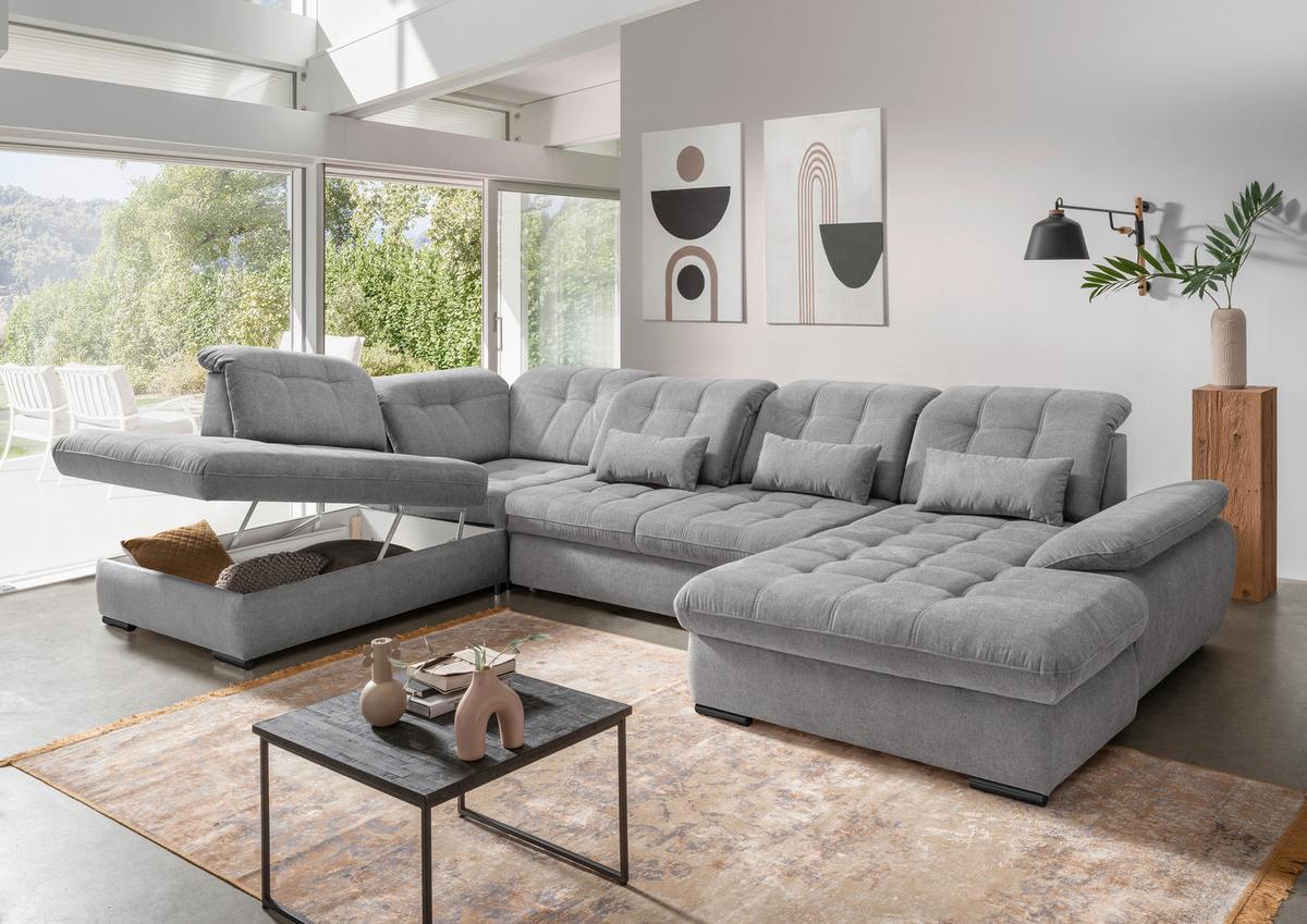 Wohnlandschaft Mit Bettkasten Rigatti Silberfarben B: 387 Cm - Silberfarben/Schwarz, MODERN, Textil (252/387/184cm) - Livetastic
