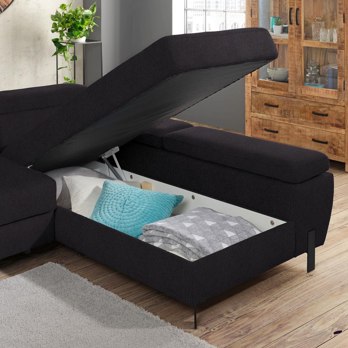 Rohová sedačka MILNA, pravá, černá - černá, Moderní, kov/dřevo (277/90/189cm) - Mömax