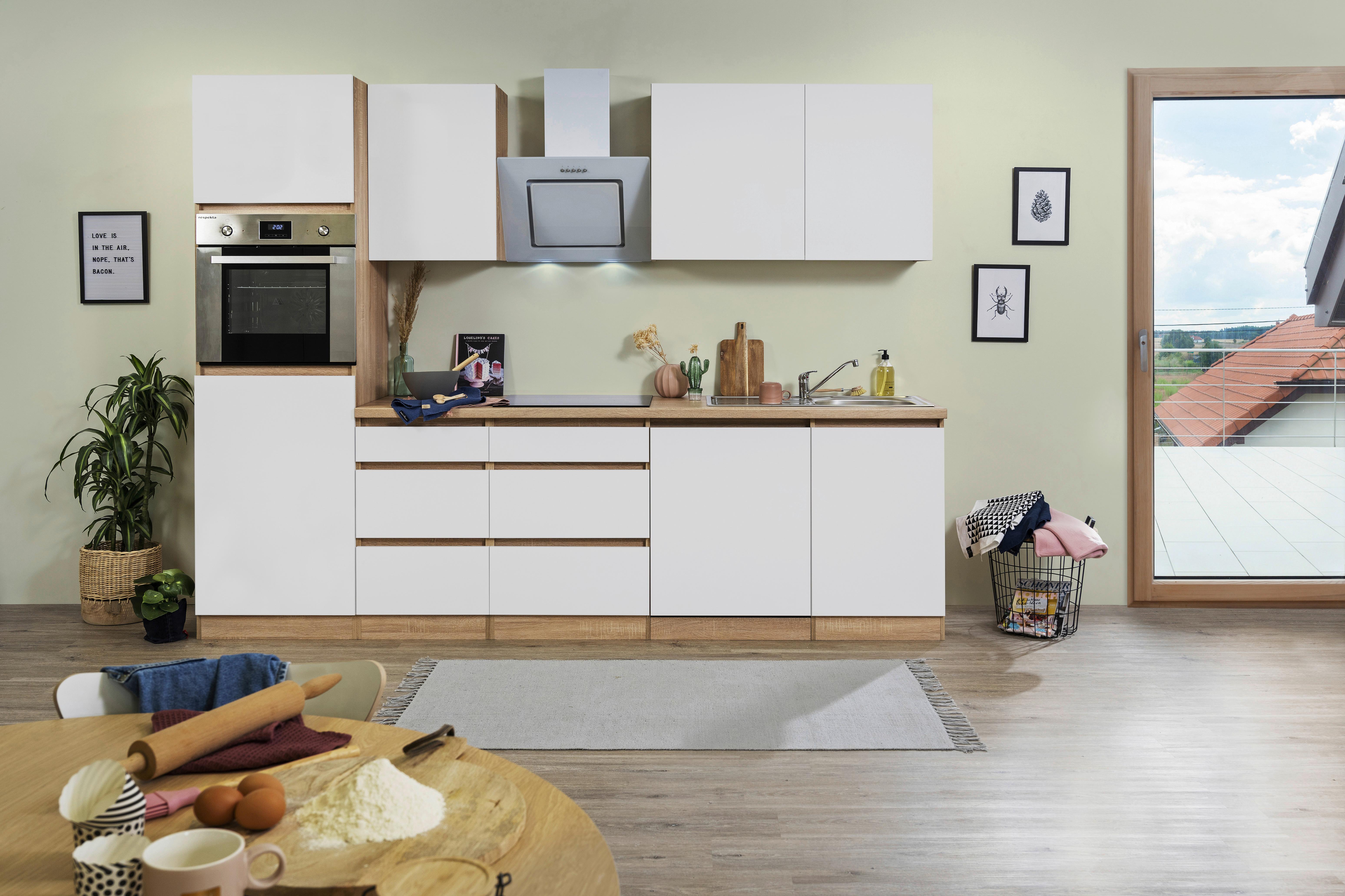 Küchenzeile Premium mit Geräten 280 cm Weiß/Eiche Dekor Modern - Eichefarben/Weiß, MODERN, Holzwerkstoff (280cm) - Respekta