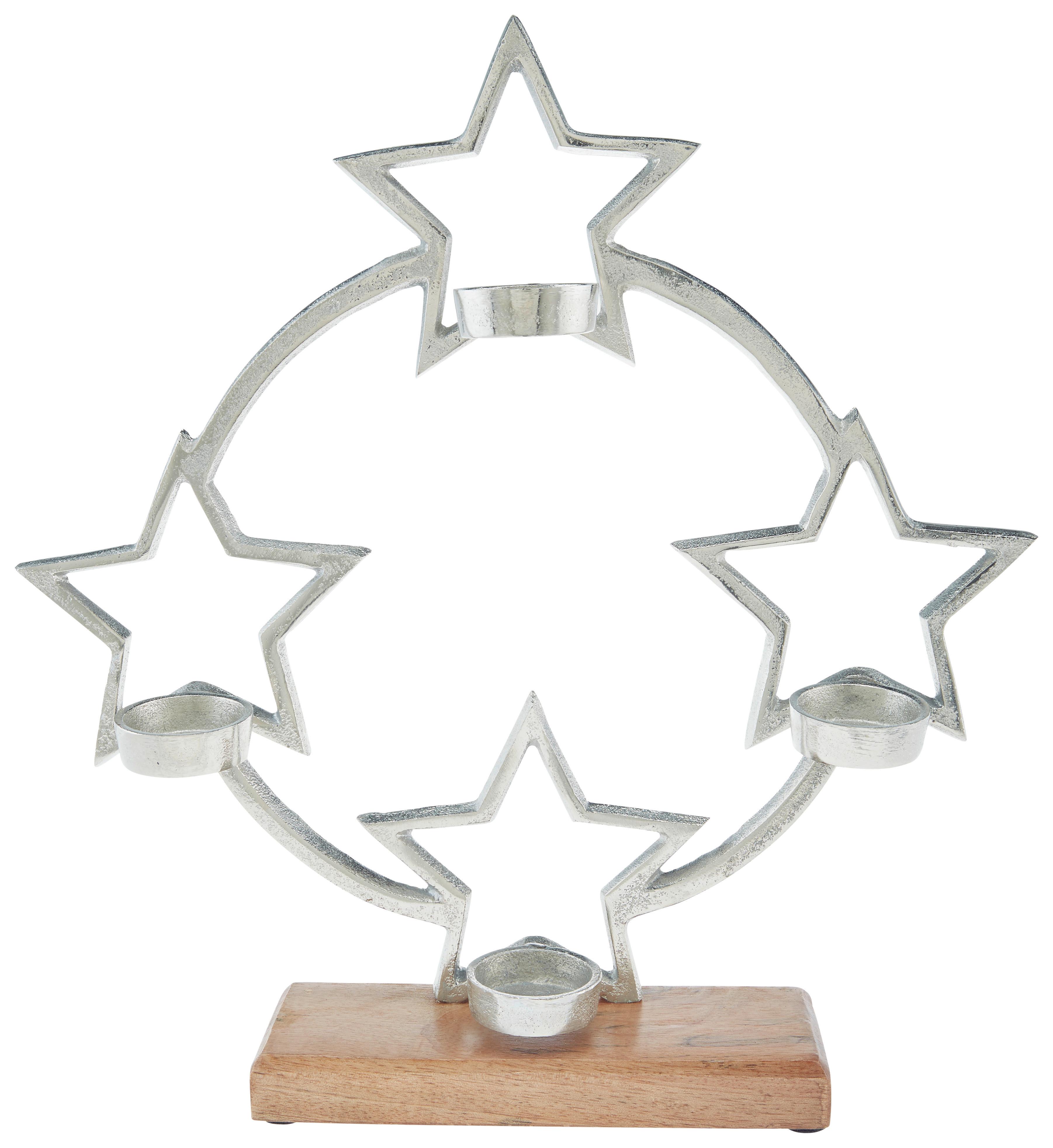 Teelichthalter Drew Holz/Metall für 4 Teelichter - Silberfarben/Braun, KONVENTIONELL, Holz/Metall (35/8/36cm) - Luca Bessoni