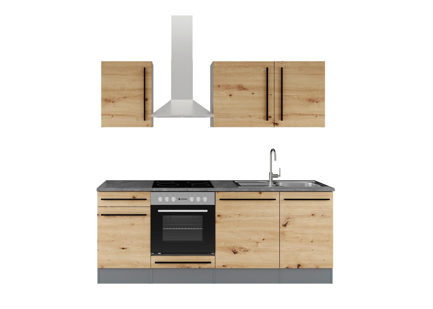 Küchenzeile JAZZ 8 mit Geräten 220cm Anthrazit - Anthrazit/Eiche Artisan, LIFESTYLE, Holzwerkstoff (220cm) - P & B