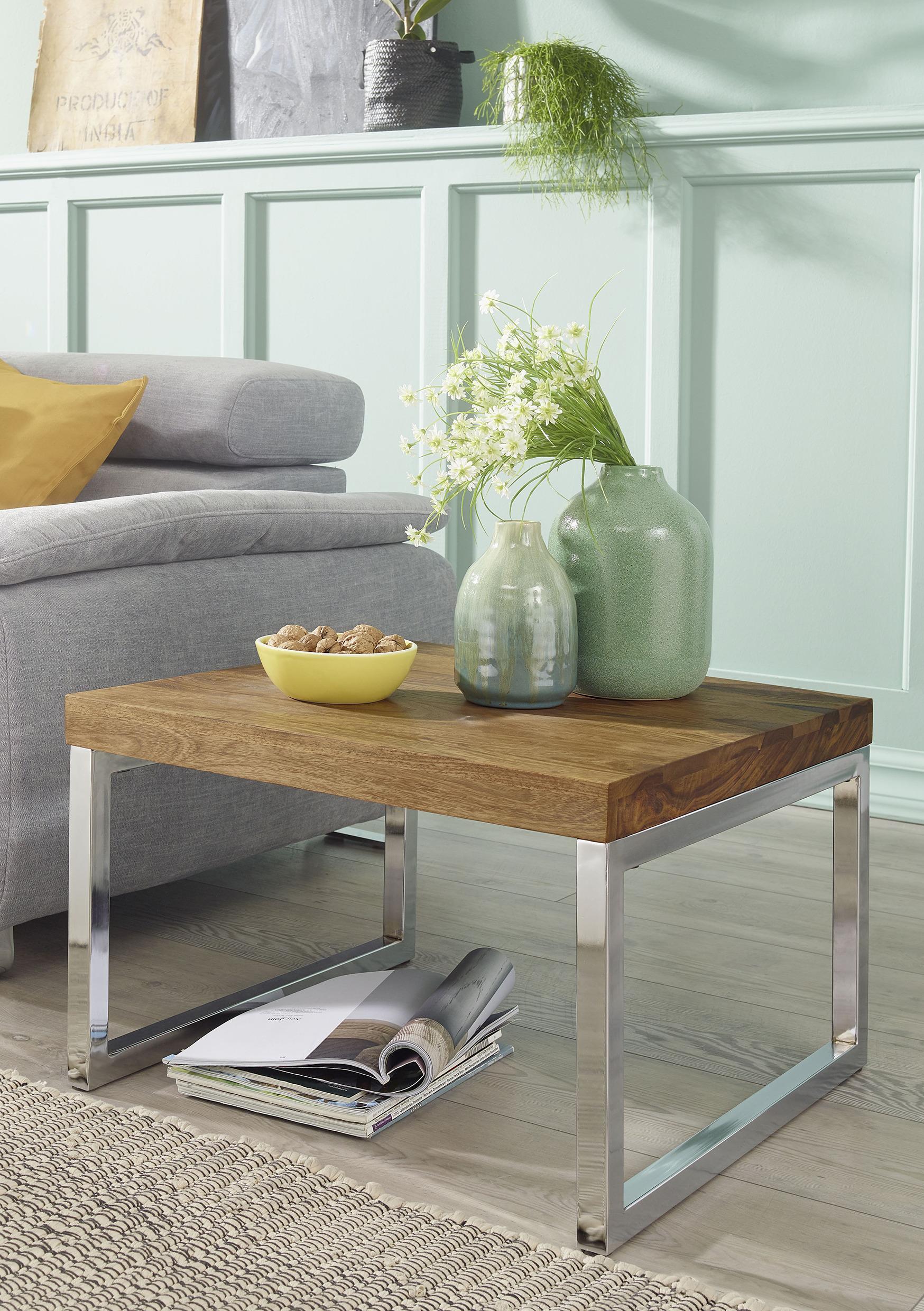 Beistelltisch mit Holzplatte Guna, Sheesham/Silberfarben - Silberfarben/Sheeshamfarben, Design, Holz/Metall (45/45/40cm) - MID.YOU