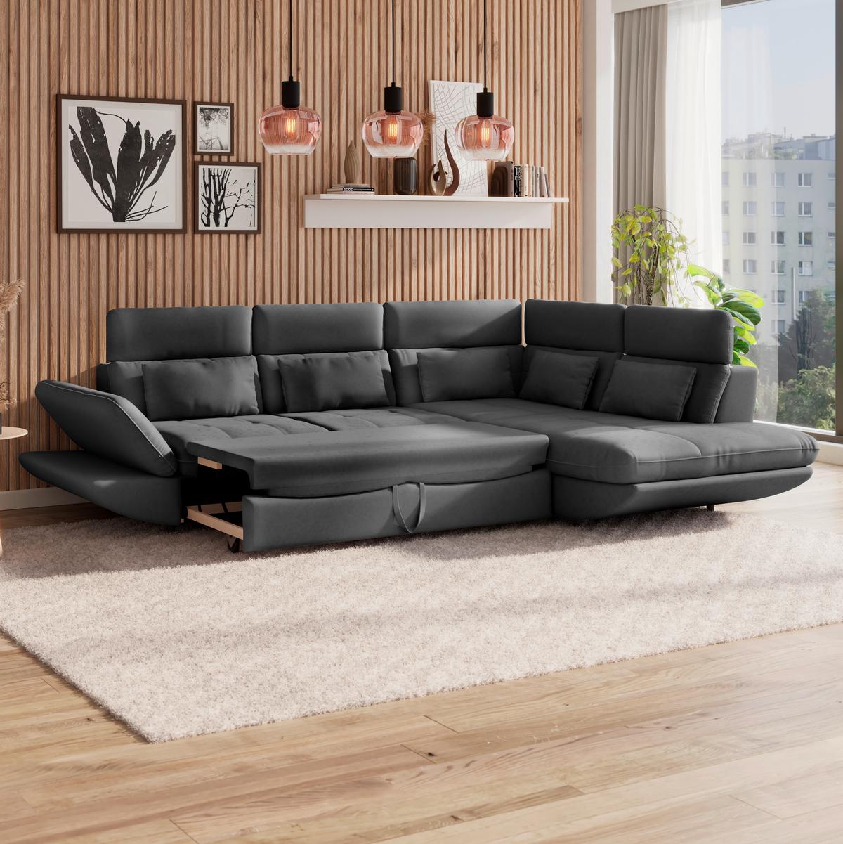 Wohnlandschaft Park mit Schlaffunktion Anthrazit - Anthrazit/Schwarz, MODERN, Textil (233/311cm) - Luca Bessoni