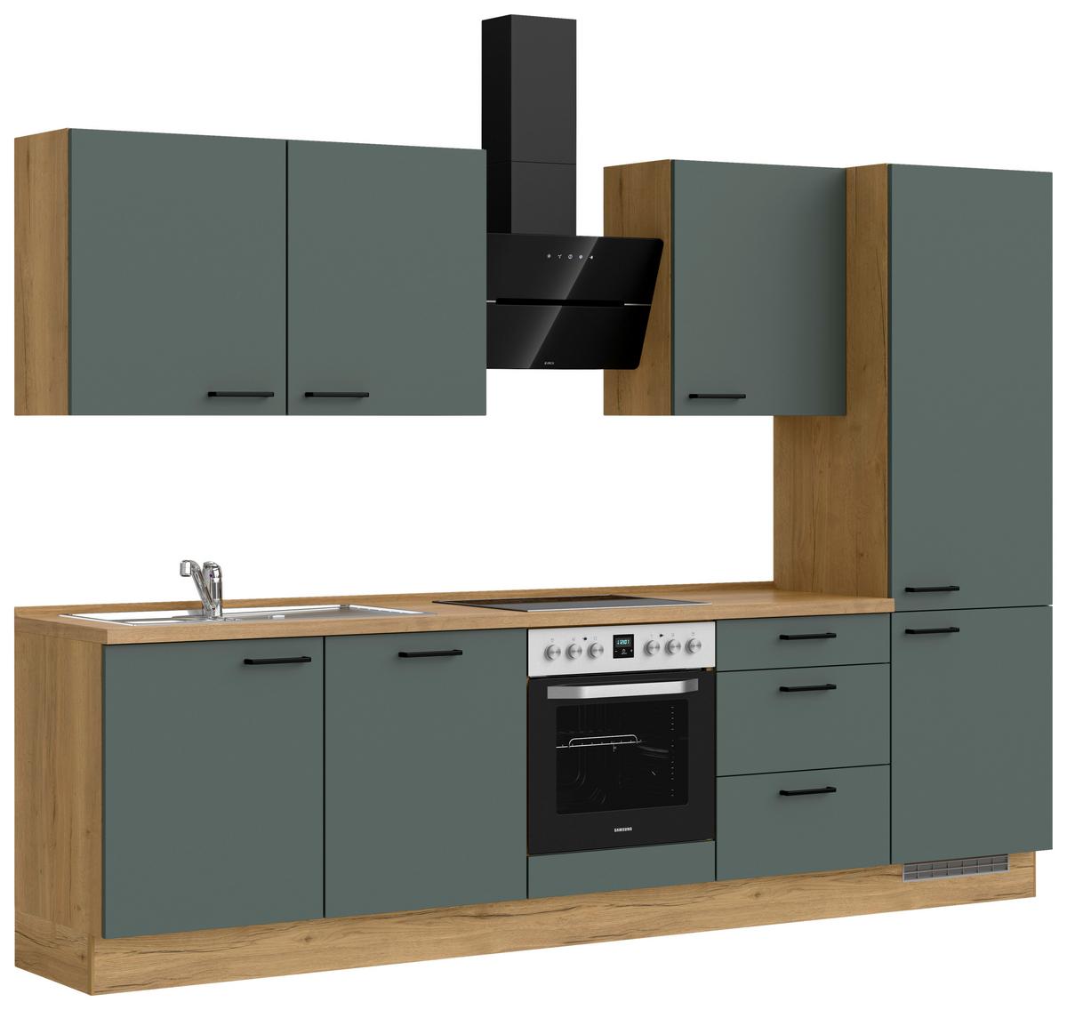 Kuchyňská linka 300 cm, minerální zelená,ultra matná - barvy dubu/černá, Moderní, kov/kompozitní dřevo (300cm) - Nobilia