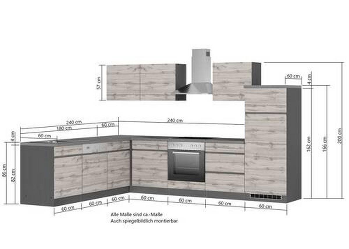 Eckküche Turin Mit Geräte 240x300 Cm Grau/eiche Dekor - Eiche Wotan/Grau, Design, Holzwerkstoff (240/300cm) - Held