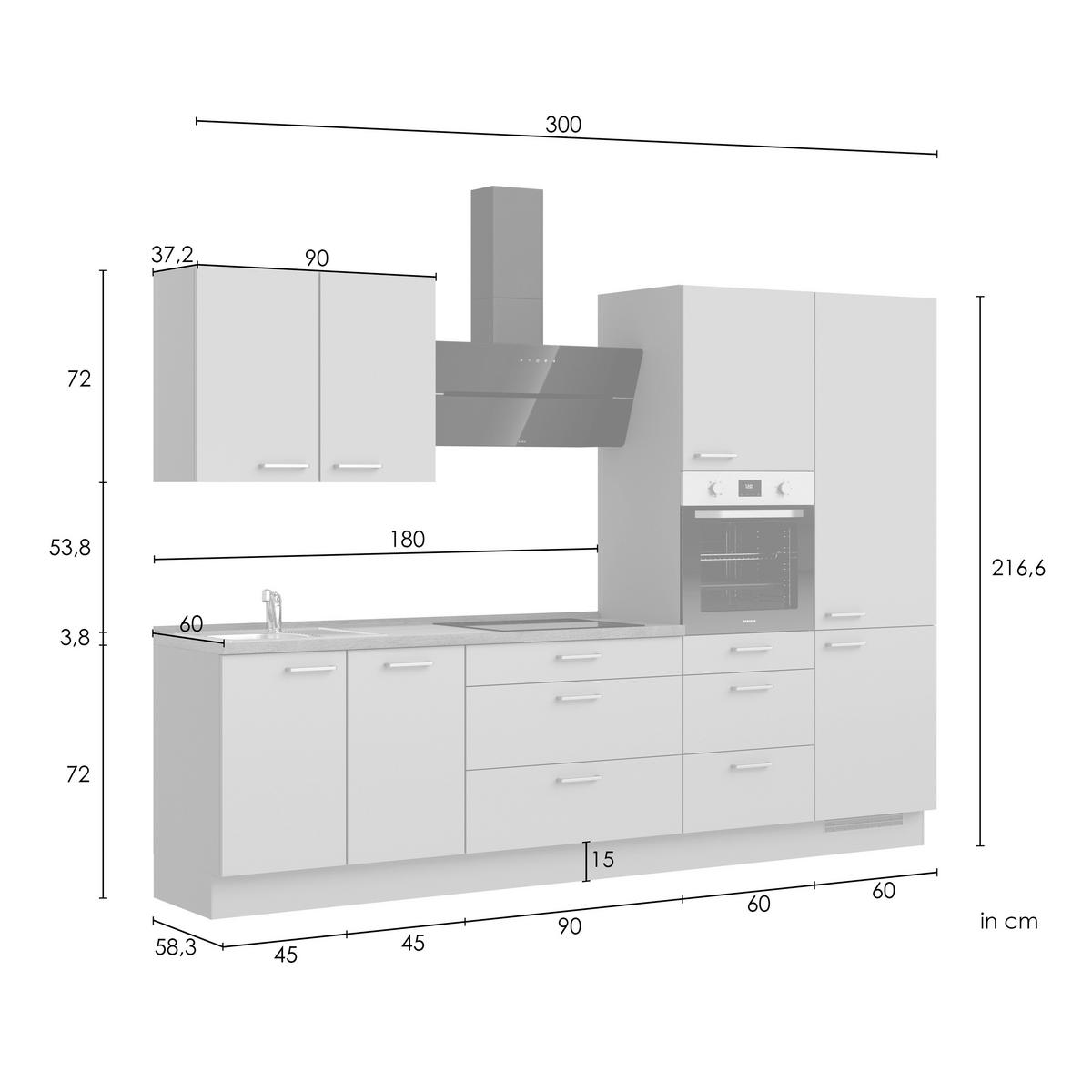 Kuchynská linka 300 cm, kamenná sivá supermatná - čierna/sivá, Modern, kov/kompozitné drevo (300cm) - Nobilia