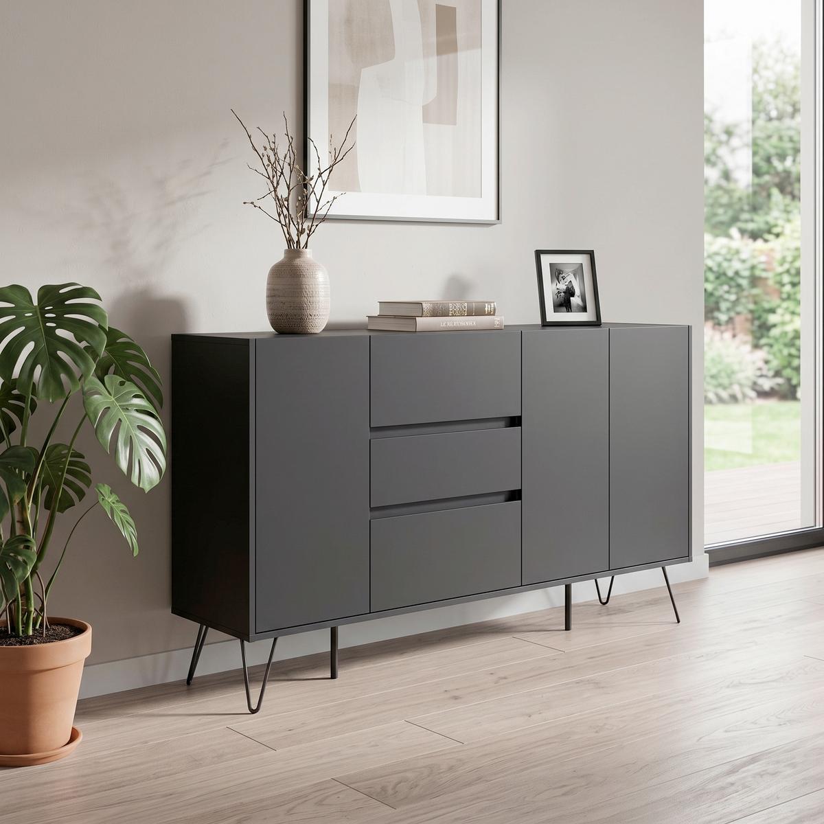 Sideboard Posseik Industrial Graphitfarben B: 177cm - Graphitfarben/Schwarz, Design, Holzwerkstoff (177/93,6/42cm) - MID.YOU