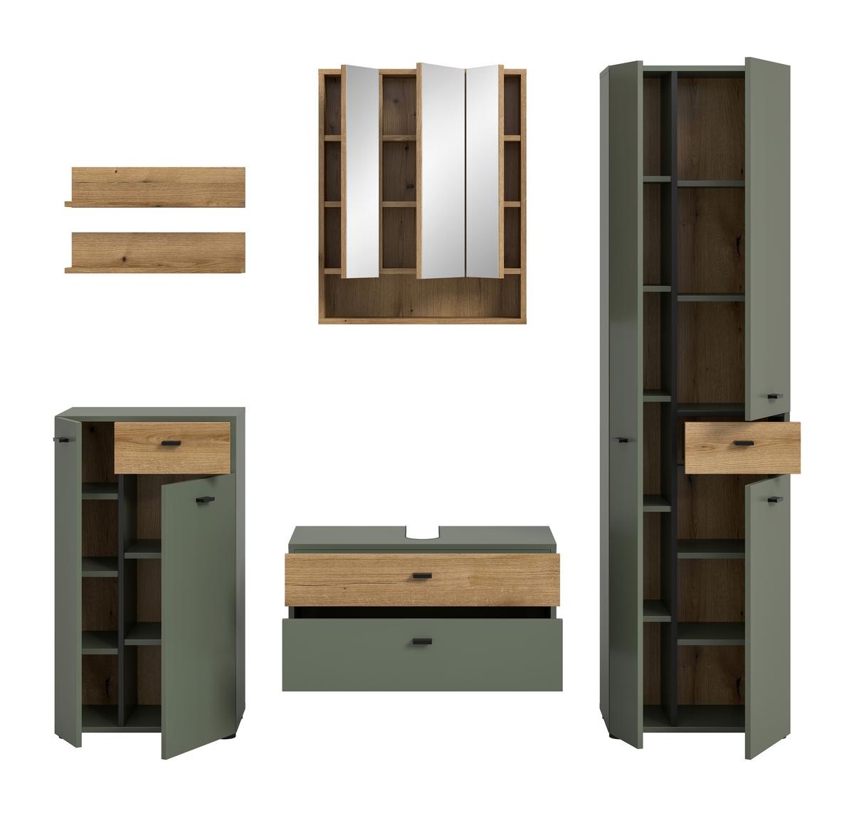 Badezimmer Aqua Grün/Eichefarben B: 177cm - Eichefarben/Schwarz, Trend, Glas/Holzwerkstoff (177cm) - MID.YOU