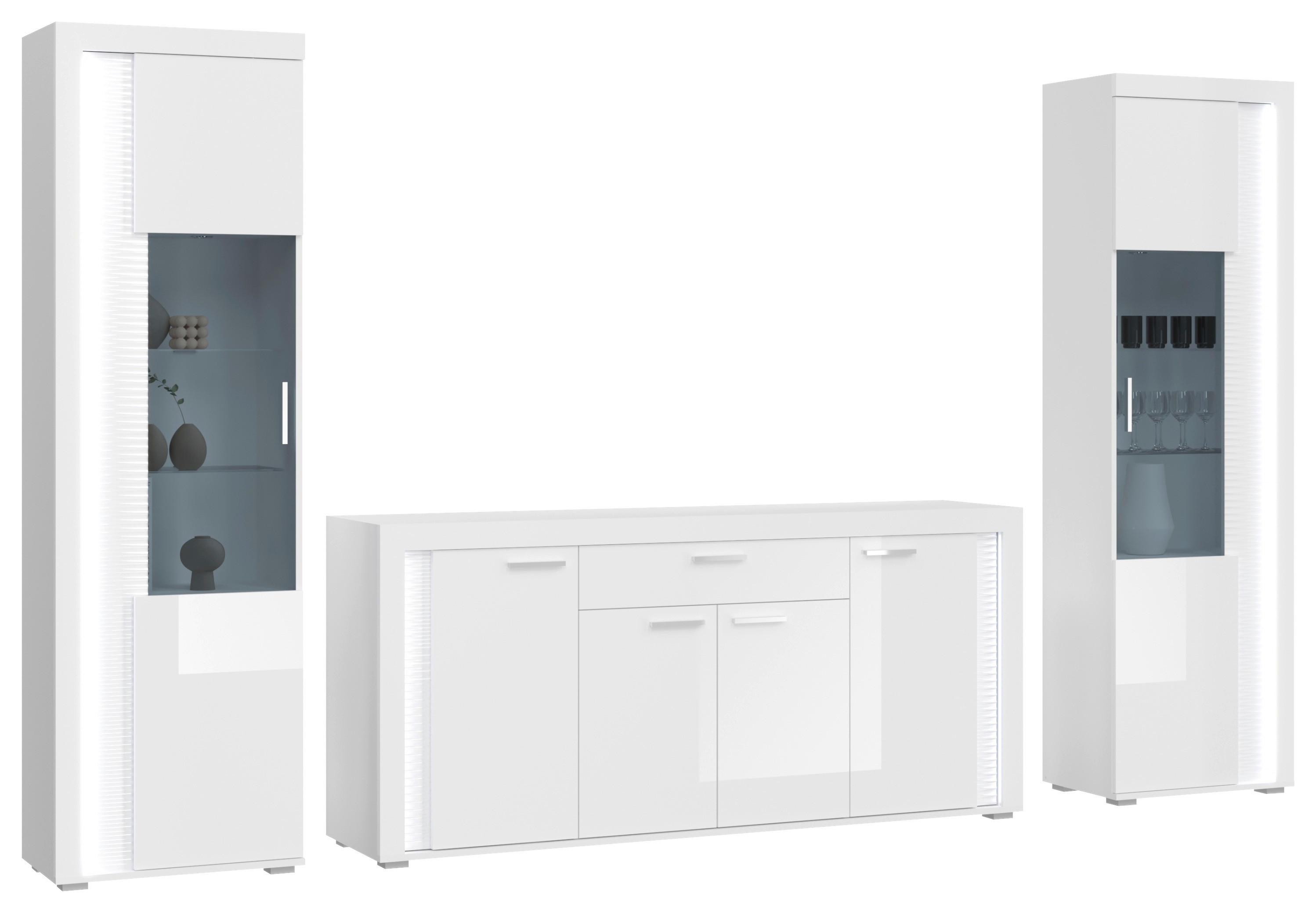 Wohnwand Skylight Weiß Hochglanz, 332cm - Weiß Hochglanz/Silberfarben, Design, Holzwerkstoff (332/202/42cm) - MID.YOU