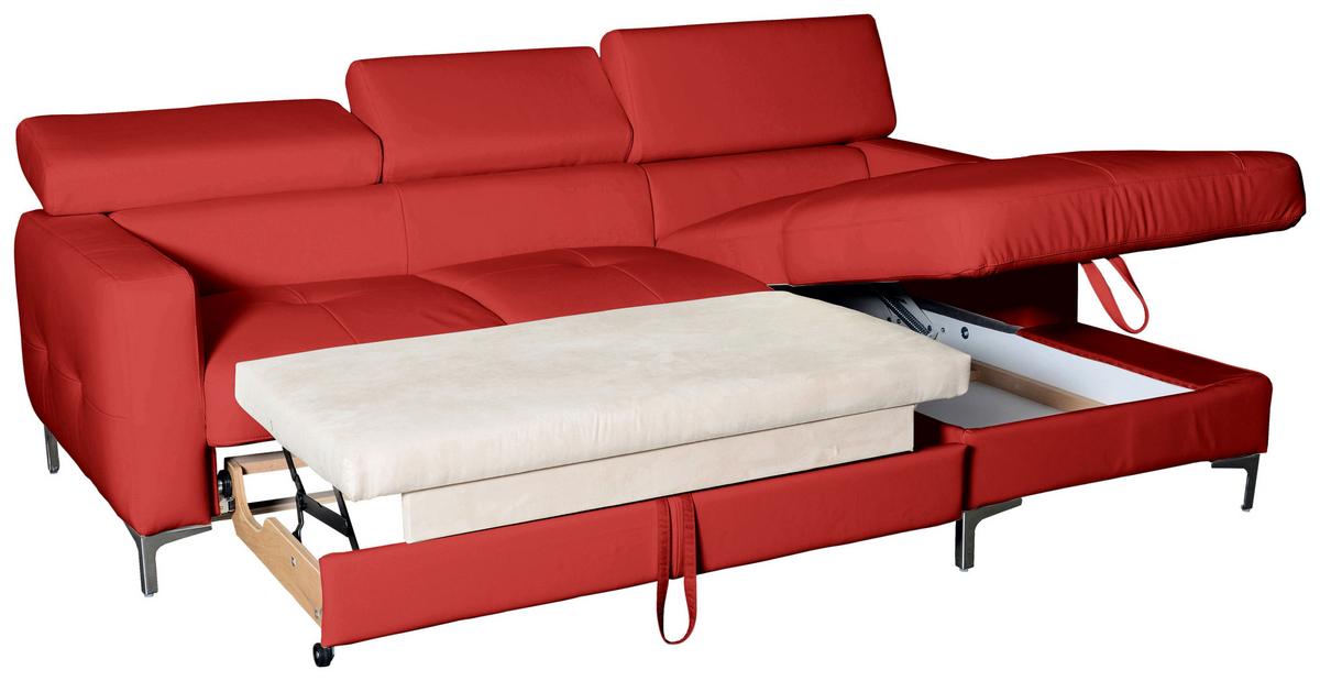 Ecksofa Mit Schlaffunktion Sammy Rot Leder - Chromfarben/Rot, Design, Leder (227/168cm) - Livetastic